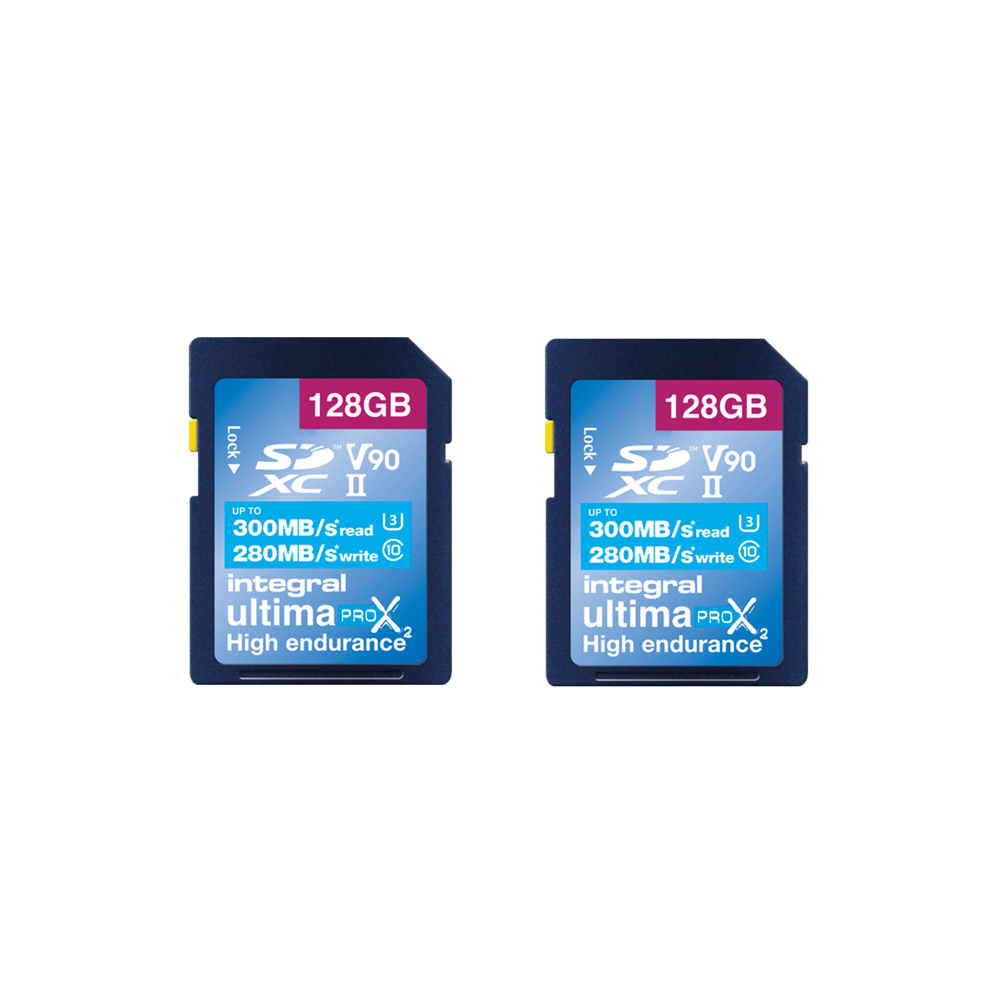 Integral 128GB 2PK SDXC UHS-II U3 CL10 V90 UP TO R-300 W-280 MBS WITH METAL CARD CASE – image 1