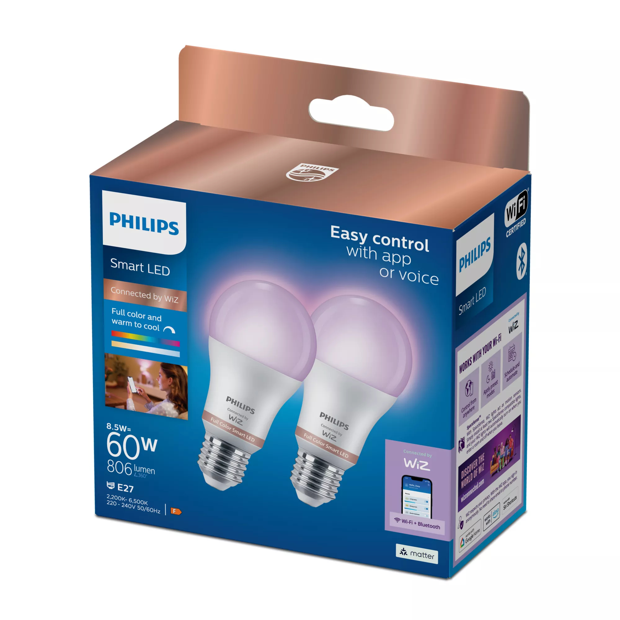 Philips by Signify Philips Smart LED RGB A60 Bulb, E27 Base, 806 lm, 2-Pack – image 2