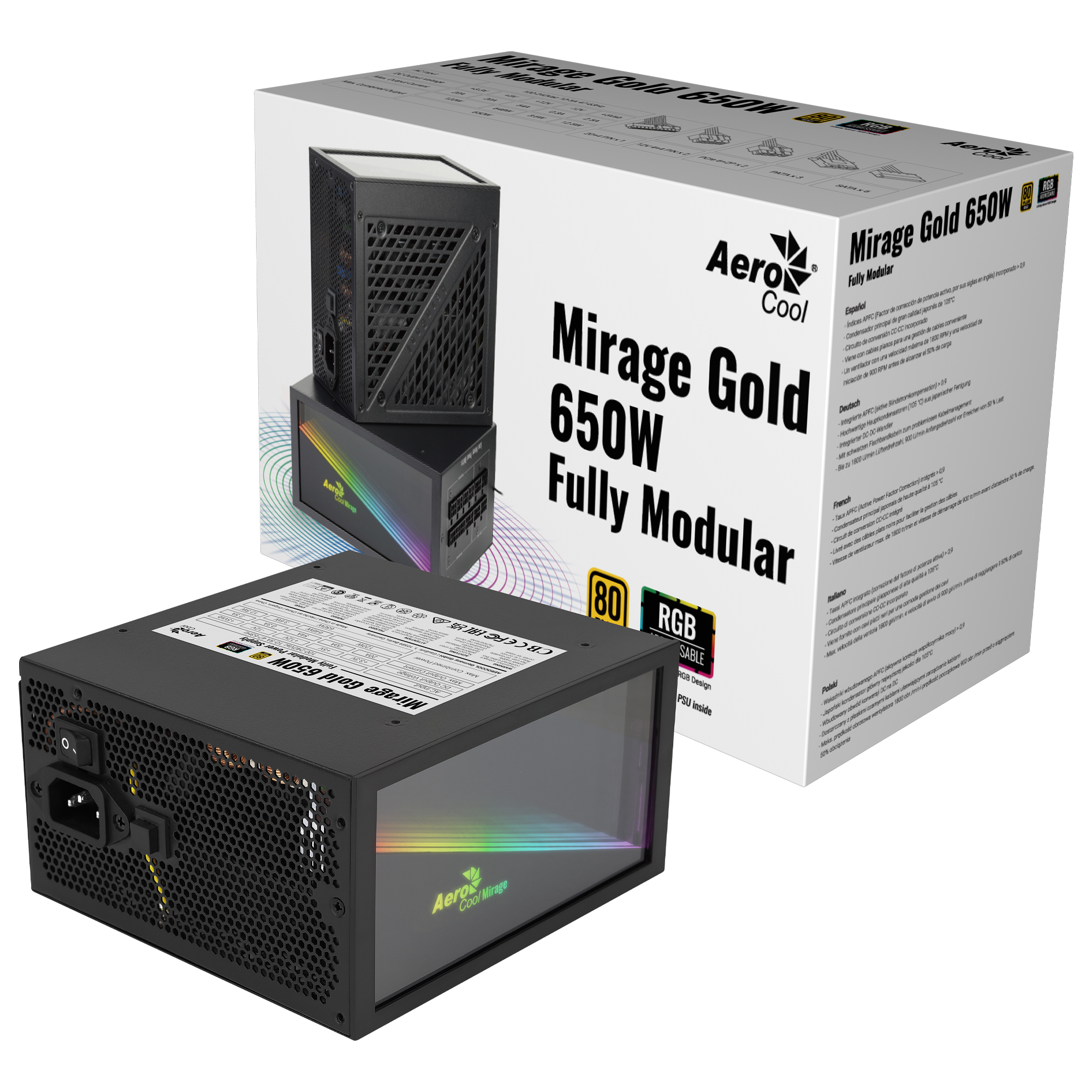 Aerocool MIRAGEGOLD 650W RGB 80 Plus Gold Modular PC Power Supply Japanese Capacitors – image 6
