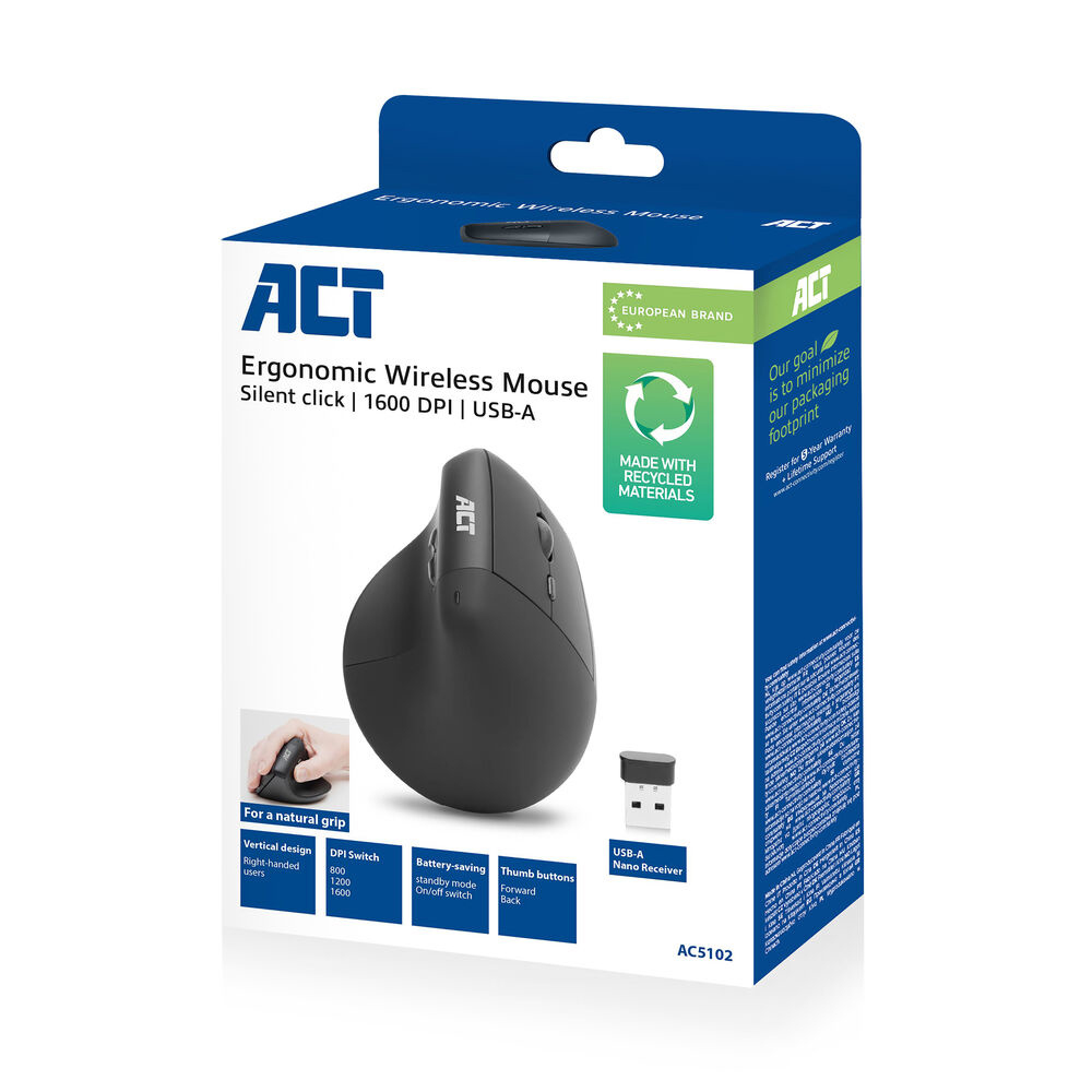 ACT Ergonomic wireless mouse 1600 DPI with vertical grip, eco-friendly – image 9