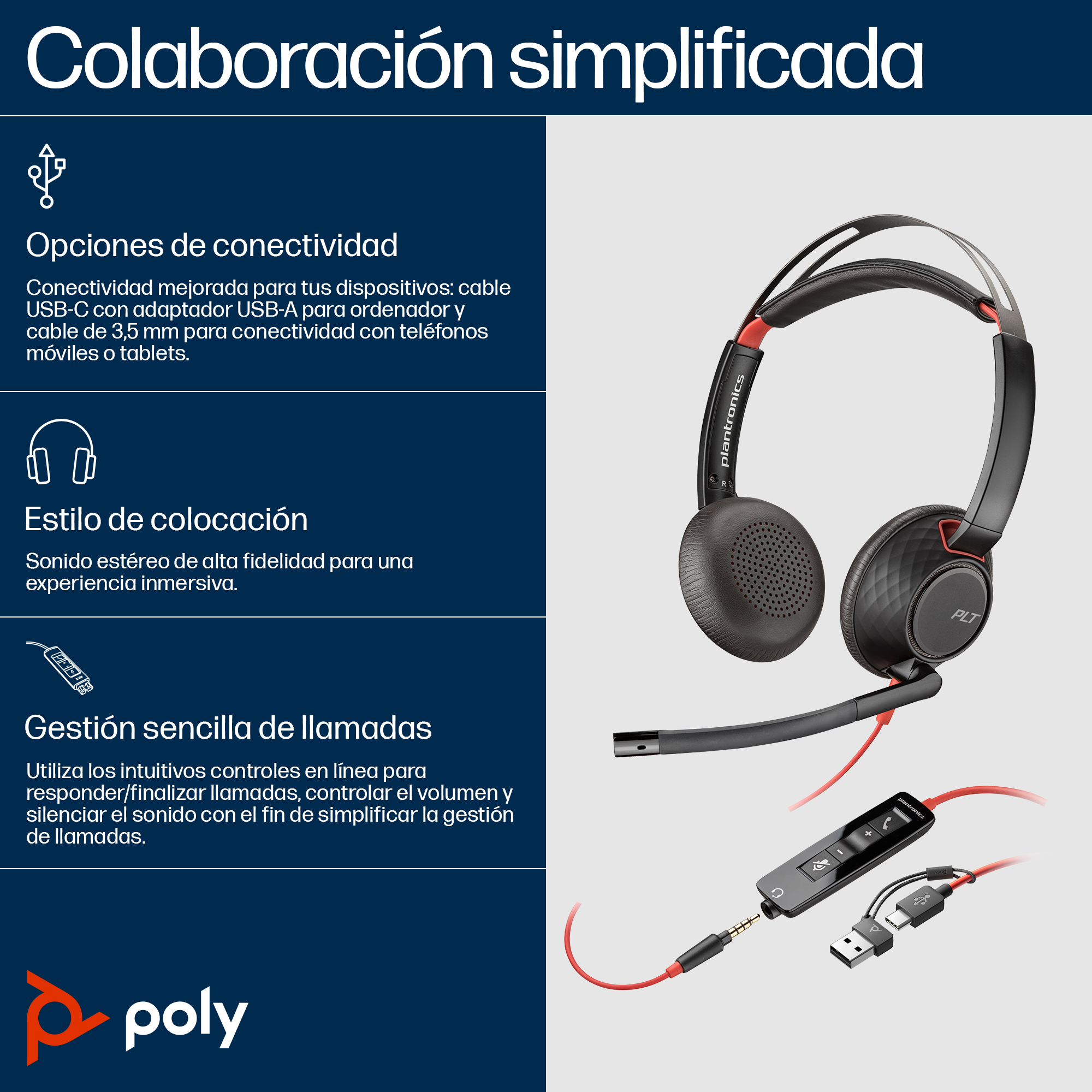 HP Poly Blackwire 5220 Stereo USB-C Headset +3.5mm Plug +USB-C/A Adapter. Product type: Headset. Connectivity technology: 