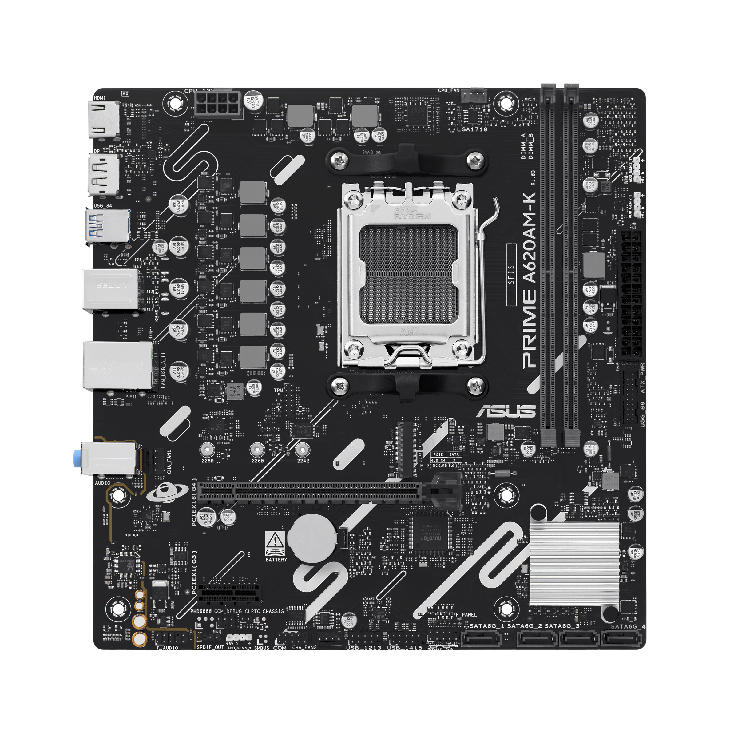 ASUS PRIME A620AM-K - Motherboard - micro ATX - Socket AM5 - AMD A620A Chipset - USB 3.2 Gen 1 - Gigabit LAN - onboard graphics (CPU required) - HD Audio (8-channel)