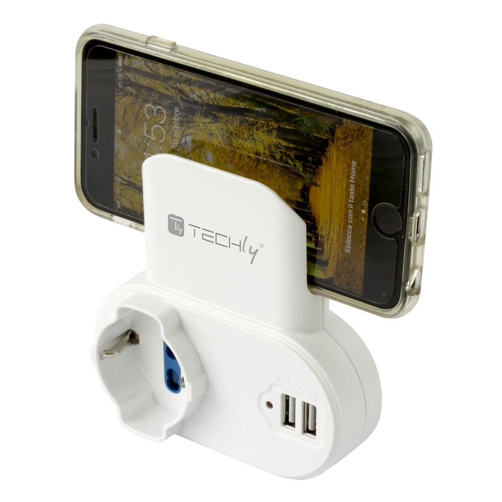 Techly Adapter 2-socket / Schuko 2 USB 1A Socket with Smartphone Holder – image 6
