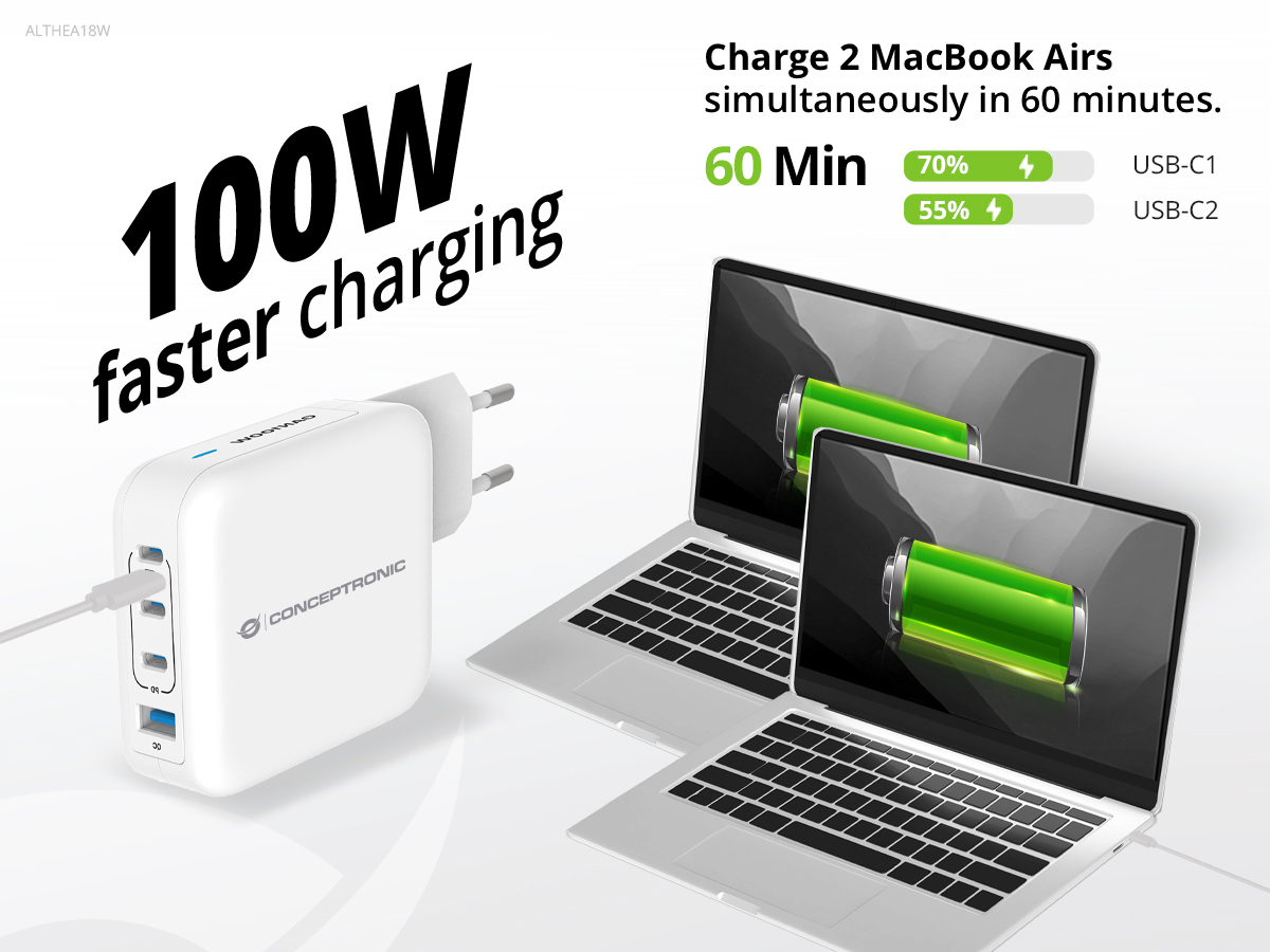 Conceptronic 4-Port 100W GaN USB PD Charger with USB-C Charging Cable, USB-C x 3, USB-A x 1, QC 3.0, PPS – image 8