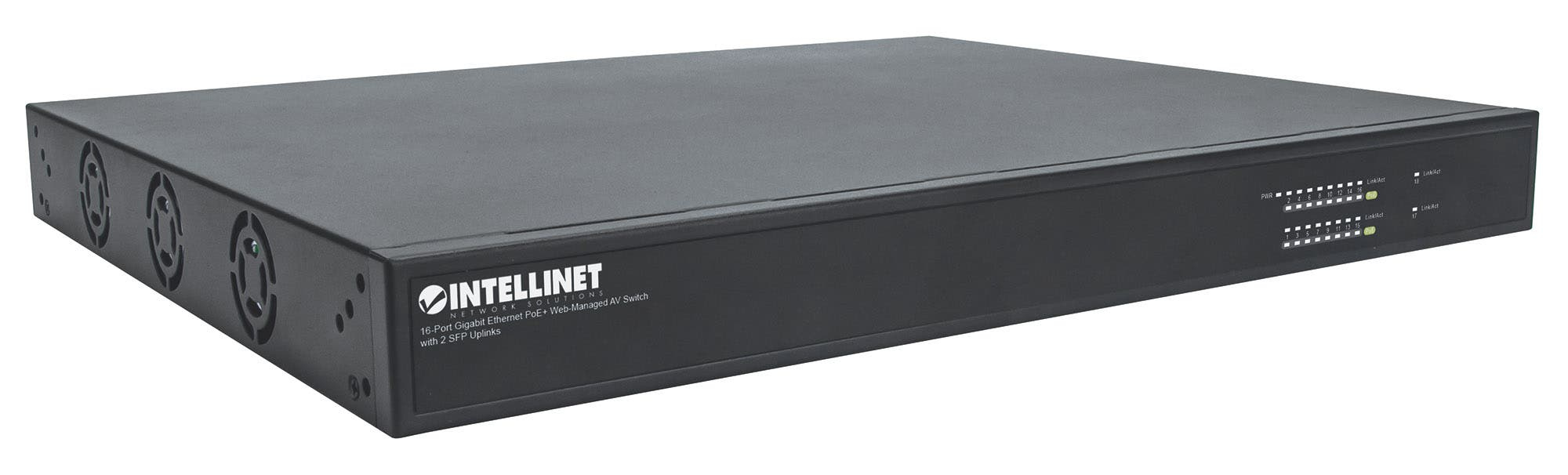 Intellinet 16-Port Gigabit Ethernet PoE+ Web-Managed AV Switch with 2 SFP Uplinks, 16 Rear-Facing PoE+ Ports, IEEE 802.3at Power over Ethernet (PoE+), Layer2+, – image 2