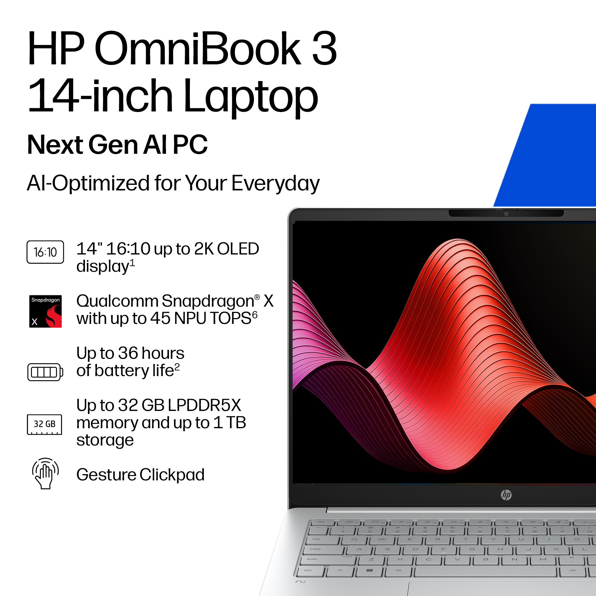 HP OMNIBOOK 3 NGAI 14-HZ0007NAX Copilot+ PC Snapdragon X1-26-100 Laptop 35.6 cm (14″) 2K 8 GB LPDDR5x-SDRAM 512 GB SSD Wi-Fi 6E (802.11ax) Windows 11 Home Silver image 2