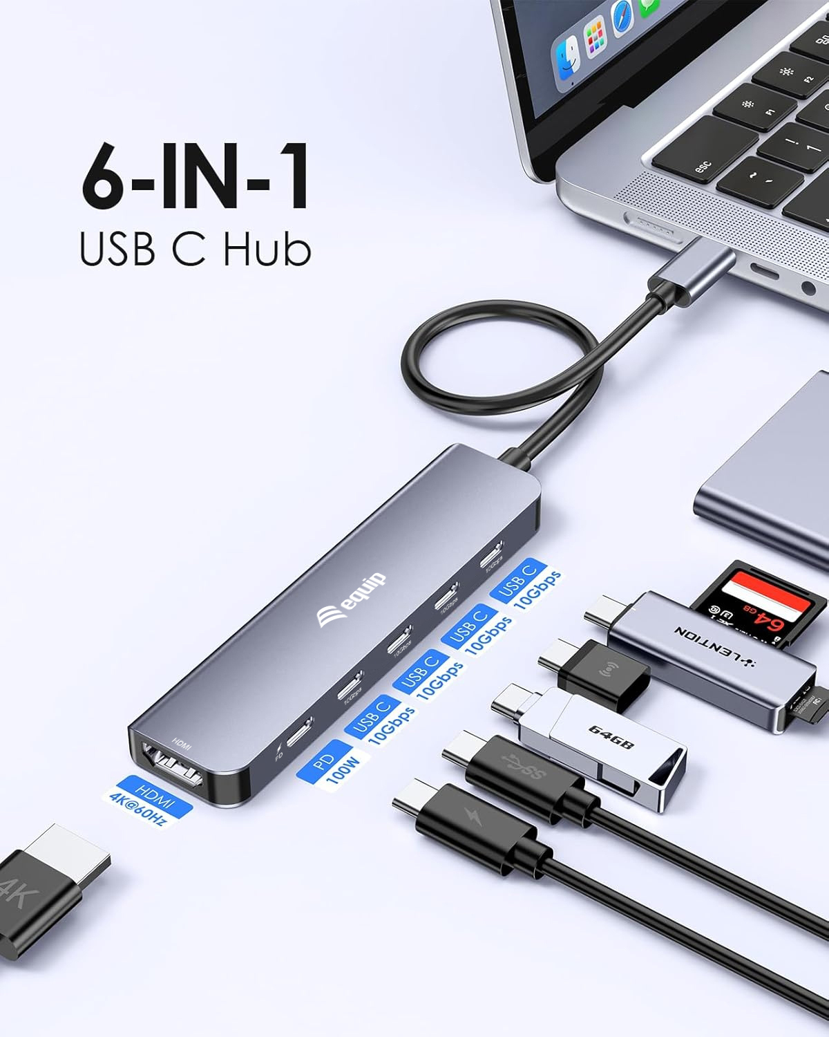 Equip USB-C 6 in 1 Multifunctional Adapter, HDMI 4K/60Hz, USB-C Gen2 x 4 (10Gbps), 100W USB PD – image 5