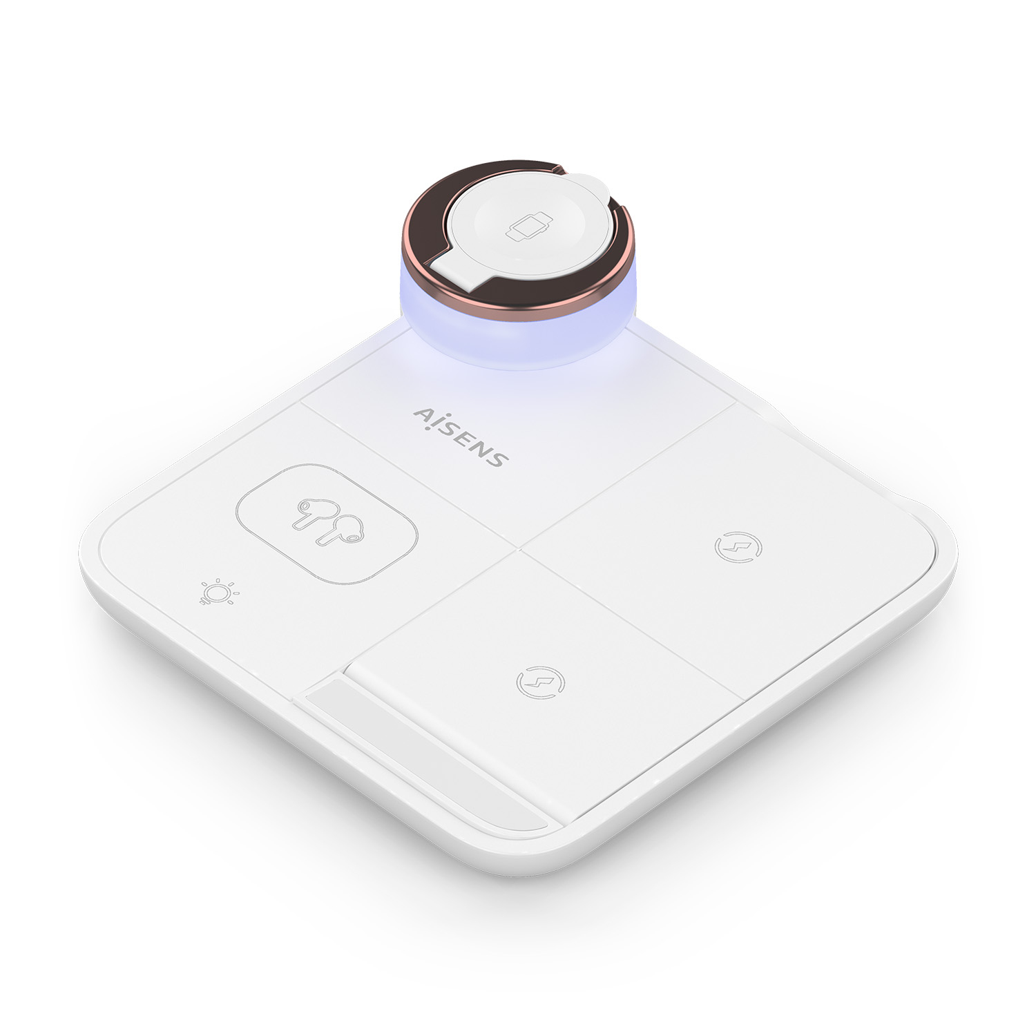 AISENS Cargador Inalambrico USB-C 4 en 1 De 15W Para Movil, Apple Watch, Auriculares Con Estuche De Carga, Blanco