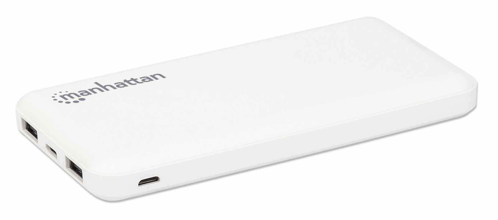 Manhattan Power Bank, 10000 mAh, Output: 2x USB-A (2.1A & 1A), Input: USB-C & Micro-USB (both 2A), White, One Year Warranty – image 2