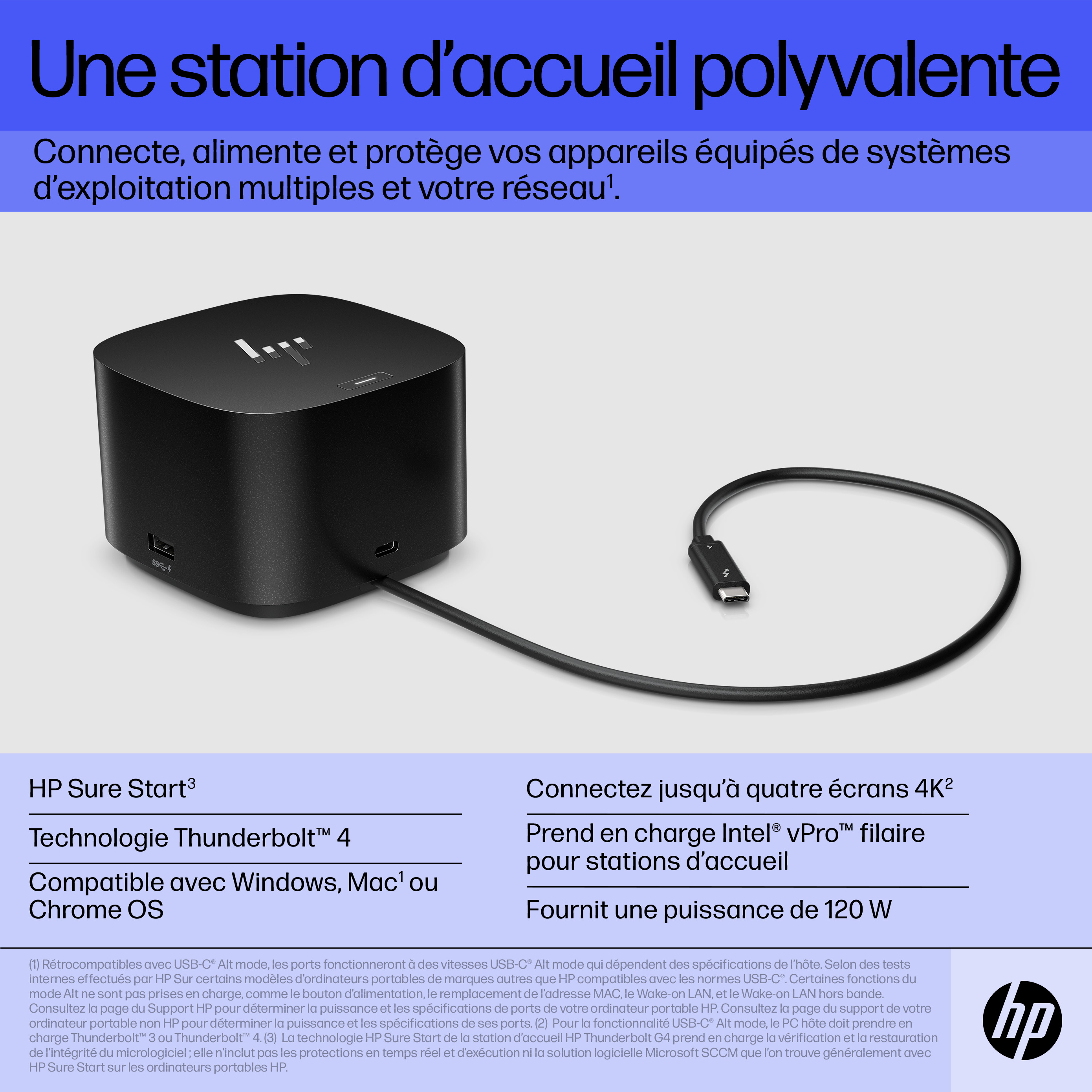 HP Thunderbolt Dock 120W G4. Connectivity technology: Wired, Host interface: Thunderbolt 4. Product colour: Black, Cable l