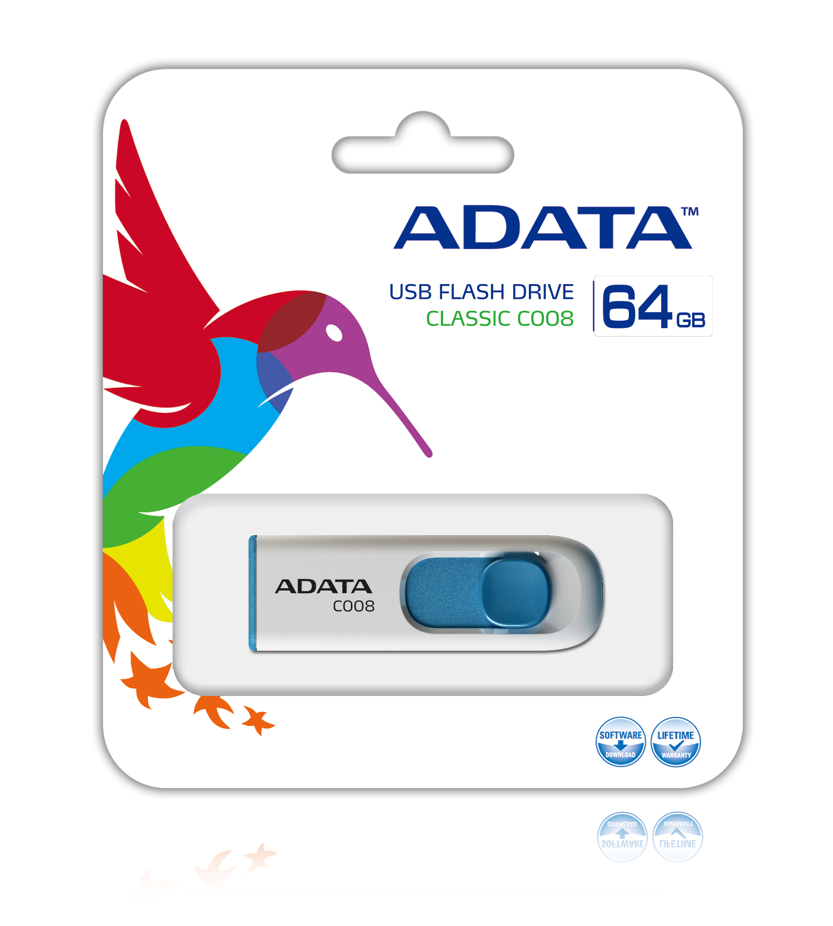Memoria Usb Adata C008 64Gb Usb 2.0 Blanca/Azul - AC008-64G-RWE