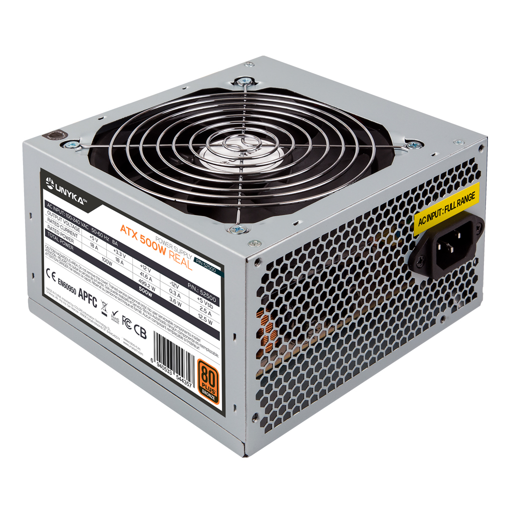 Fuente Alimentación 500W UNYKA Fuente de Alimentación ATX 500W 80+ Bronce 80 PLUS Bronze Non-Modular Silver