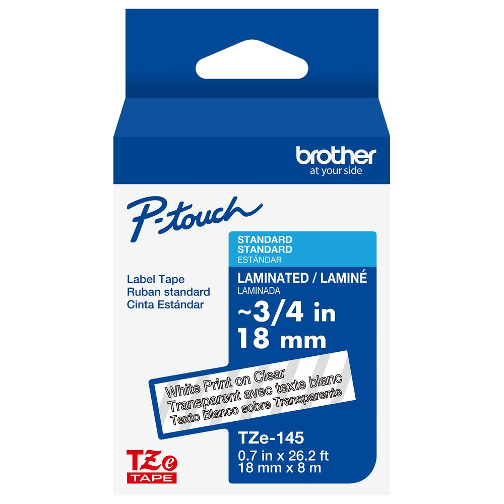 Brother TZE145G 3/4in White Print on Clear Laminated Label Tape 8m