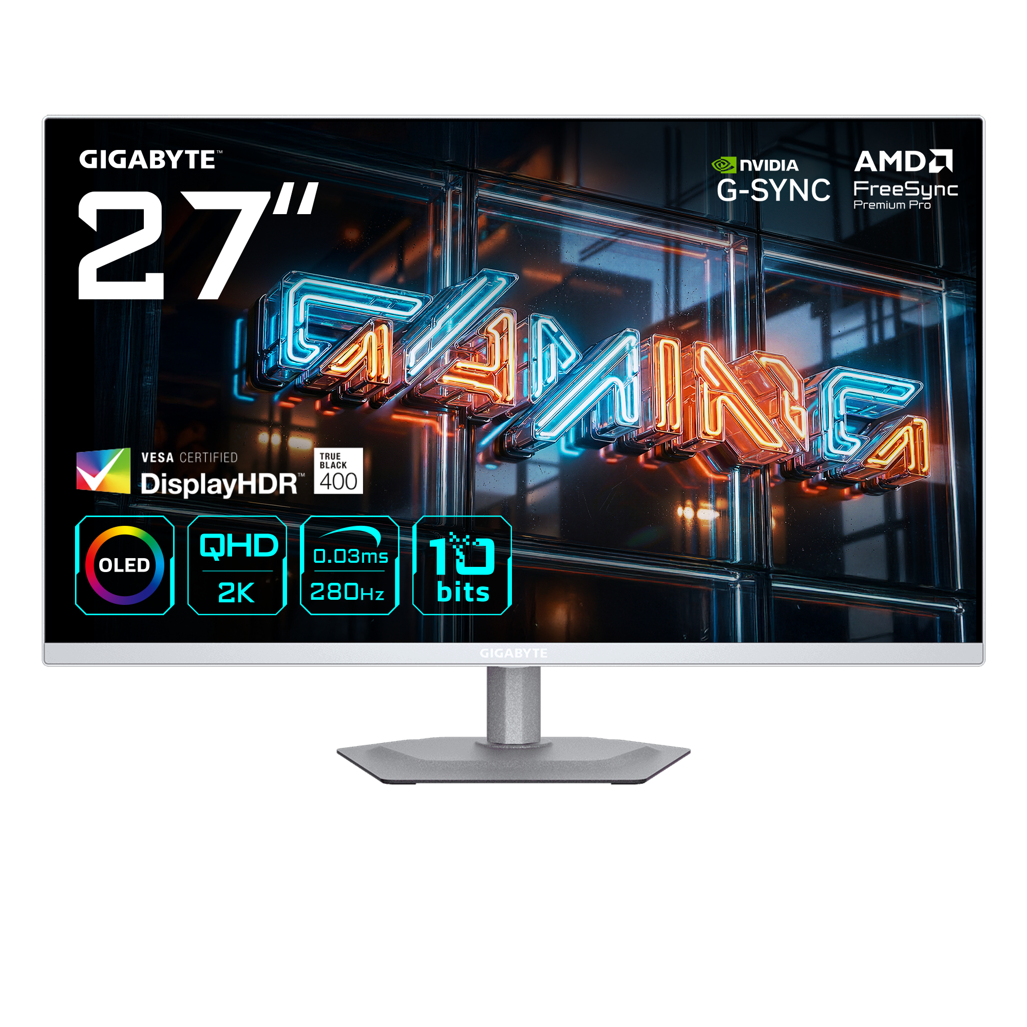 GIGABYTE MO27Q2A ICE 27 OLED 2K QHD Gaming Monitor - 2560 x 1440 280Hz 0.03ms 250 cd/m FreeSync Premium Pro DisplayHDR True Black 400 HDMI 2.1 Displayport 1.4