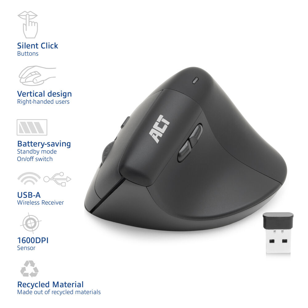 ACT Ergonomic wireless mouse 1600 DPI with vertical grip, eco-friendly – image 2