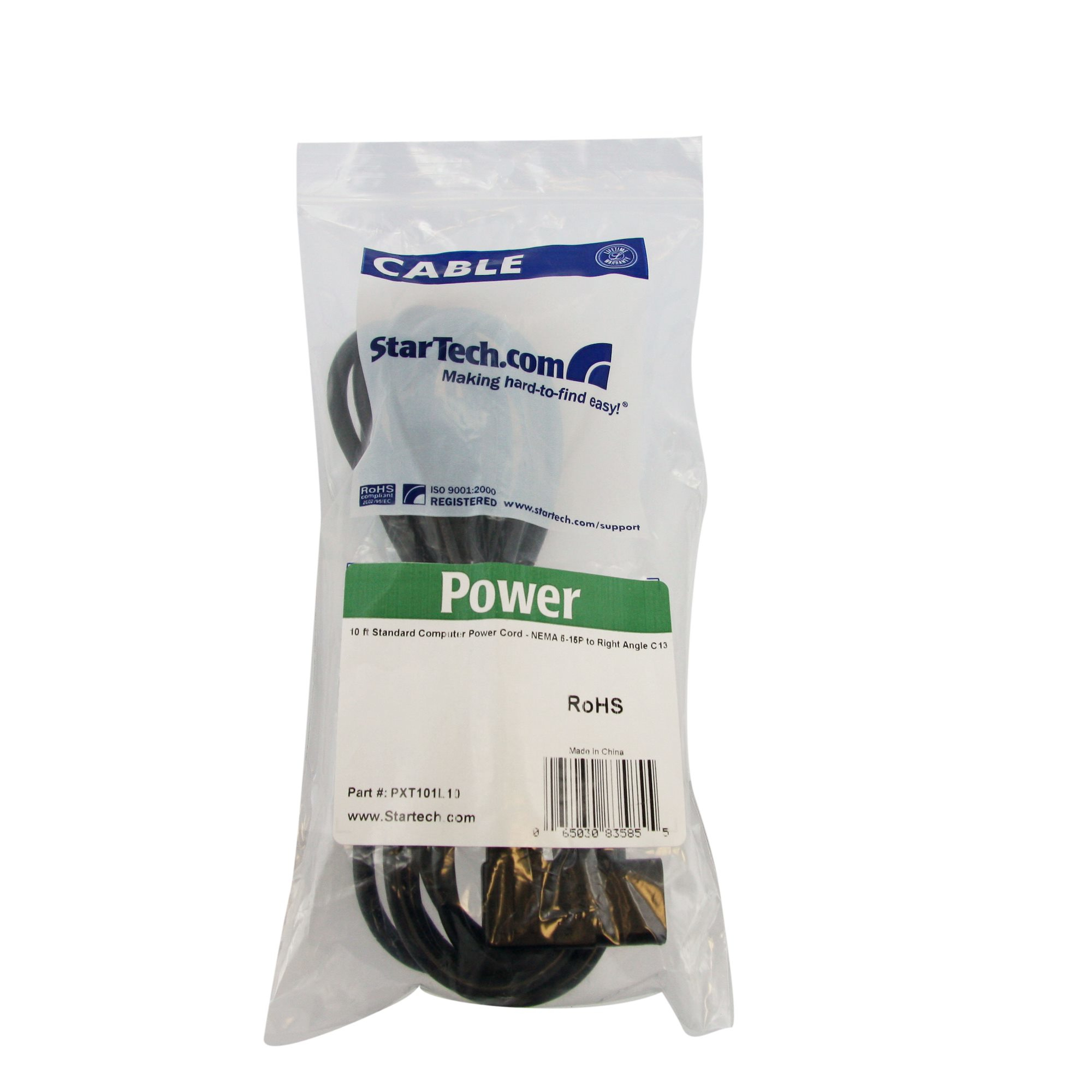 Resim StarTech.com PXT101L10 3.05m 18AWG SVT 3-İletkenli 125V 10A NEMA 5-15P - C13 Açılı Güç Kablosu