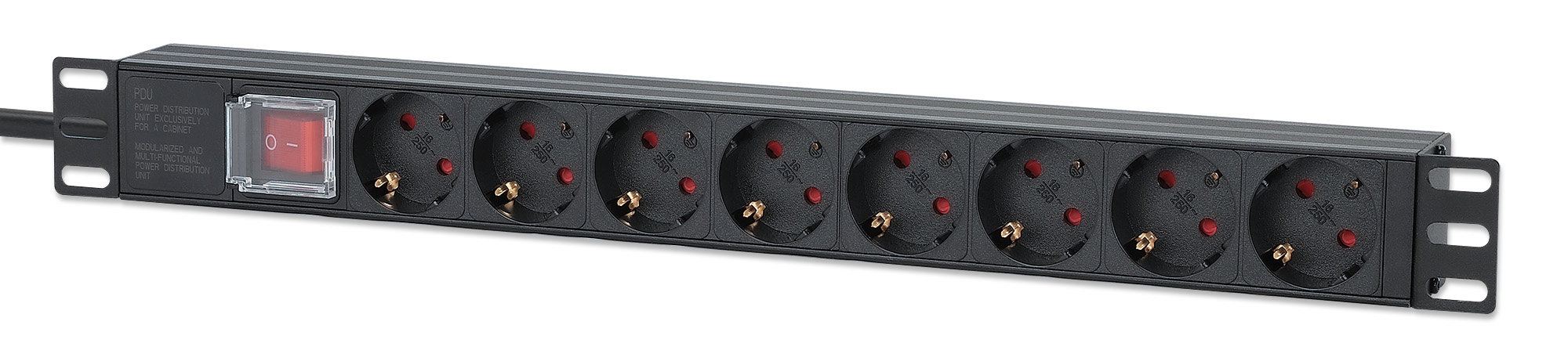 Intellinet 19" 1U Rackmount 8-Output Power Distribution Unit (PDU), EU CEE 7/3 Outlets, Built-in 2m Power Cord with EU CEE 7/7 Plug, 16 A, On/Off Switch, Horizo – image 1