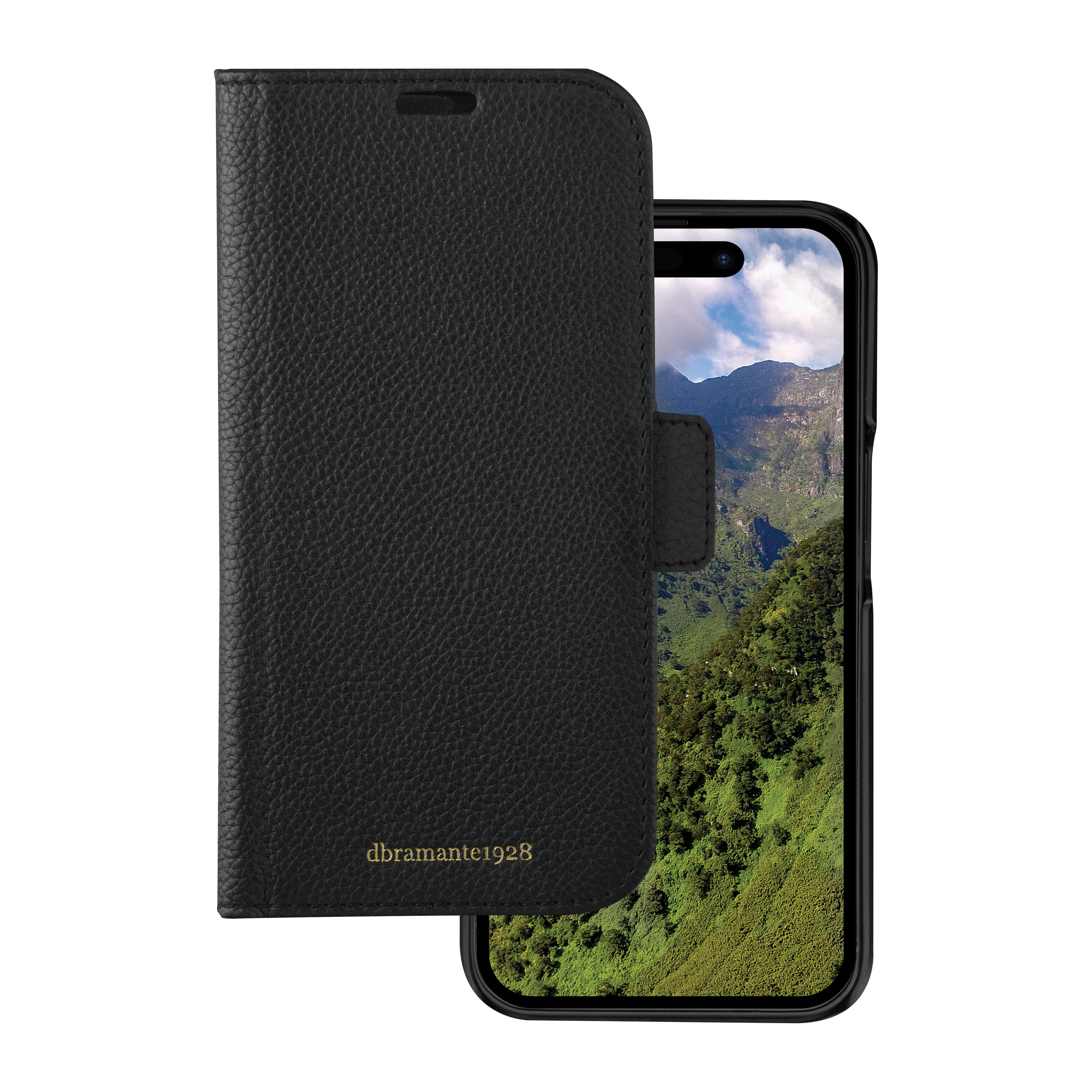 dbramante1928 New York - Flip cover for mobile phone - full grain pebble leather - night black - for Apple iPhone 15 Plus