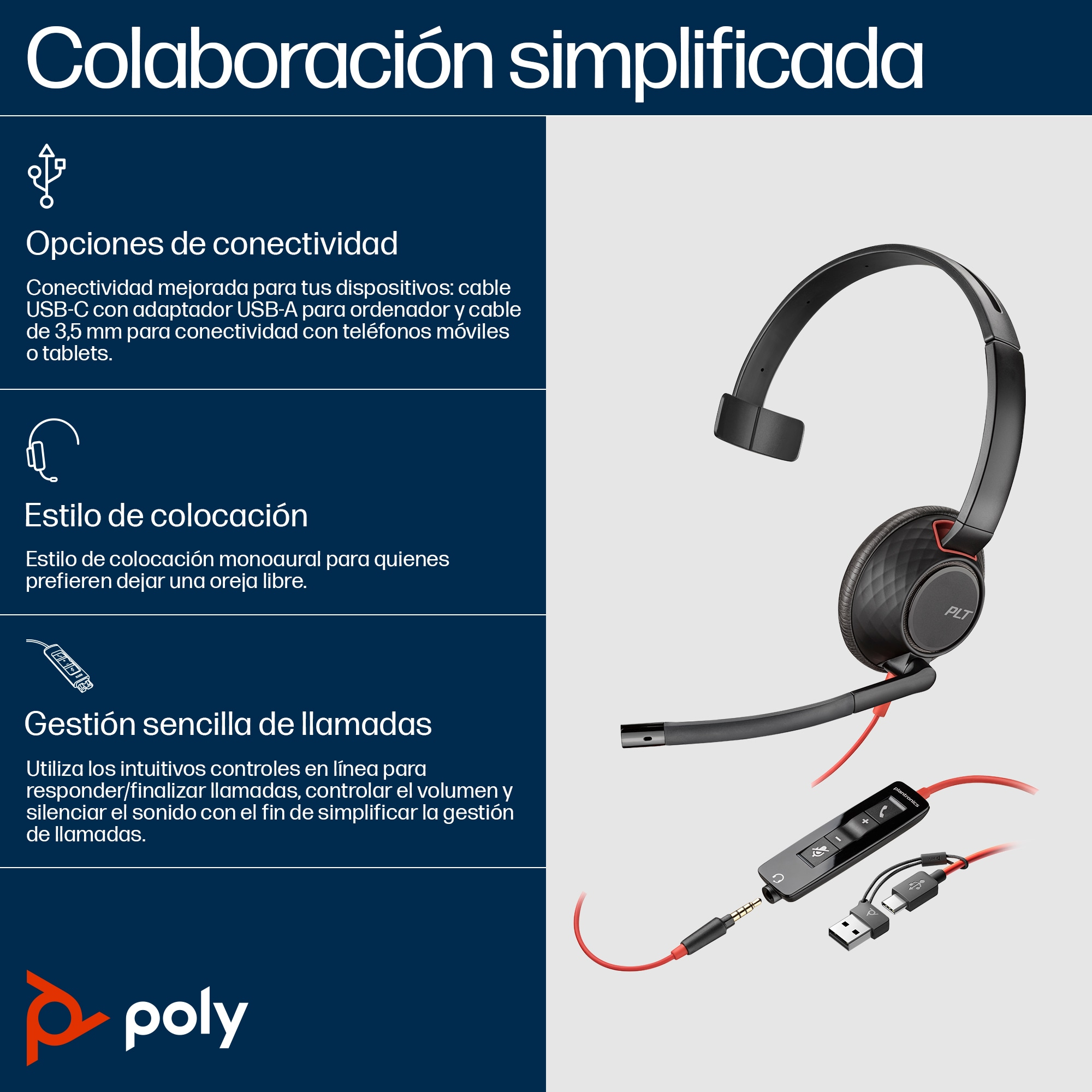 Diadema Poly Blackwire 5210 - Alámbrico - USB-C/A - Conector 3.5mm - Micrófono - 8X230AA Diadema Poly Blackwire 5210 - Alámbrico - USB-C/A - Conector 3.5mm - Micrófono - 8X230AA