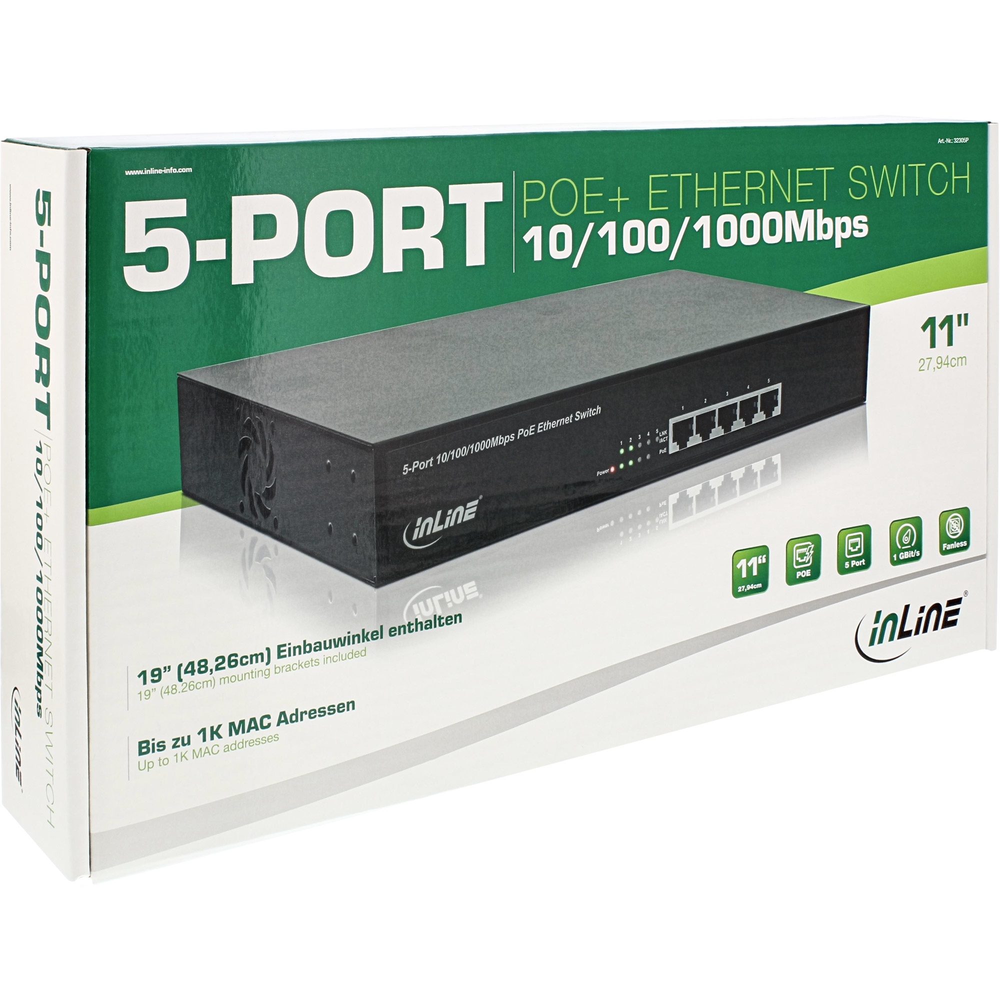 InLine PoE+ Gigabit Networking Switch 5 Port (4x PoE+),11" (19" brackets incl.) – image 6