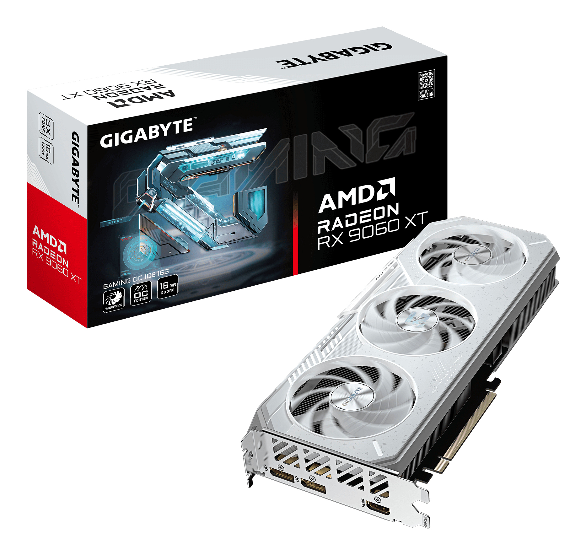 Gigabyte Radeon RX 9060 XT GAMING ICE OC 16GB GDDR6 Graphics Card, 2048 Streams, 3320 MHz Boost Clock, Triple Fan, RGB, 2x DisplayPorts / 1x HDMI Ports