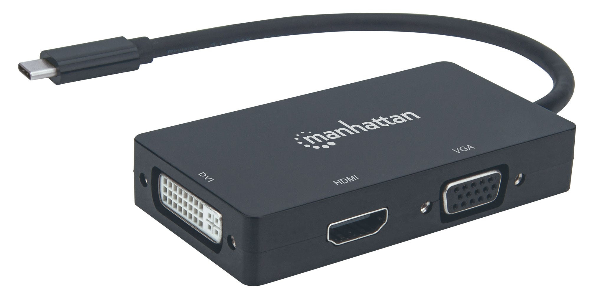 Manhattan USB-C Dock/Hub, Ports (x3): DVI-I, HDMI and VGA Ports, Note: Only One Port can be used at a time, External Power Supply Not Needed, Universal for all – image 3