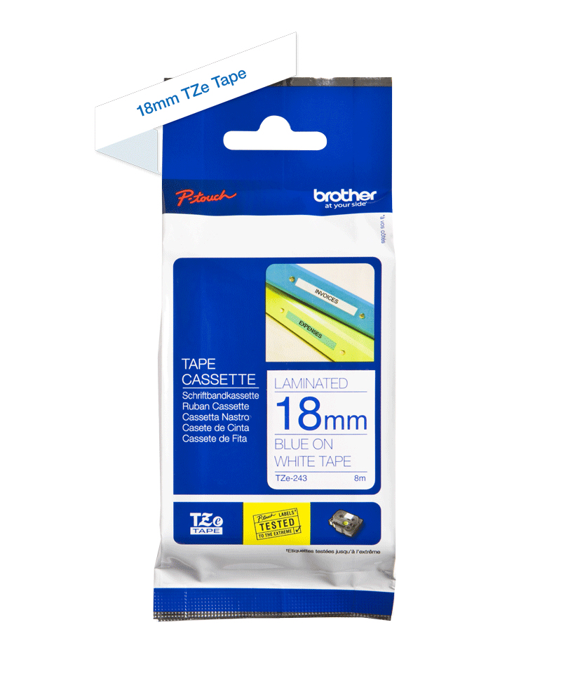 Cinta Brother TZE243 - Texto Azul sobre Fondo Blanco - 18mm x 8mts. - TZE243 Cinta Brother TZE243 - Texto Azul sobre Fondo Blanco - 18mm x 8mts. - TZE243