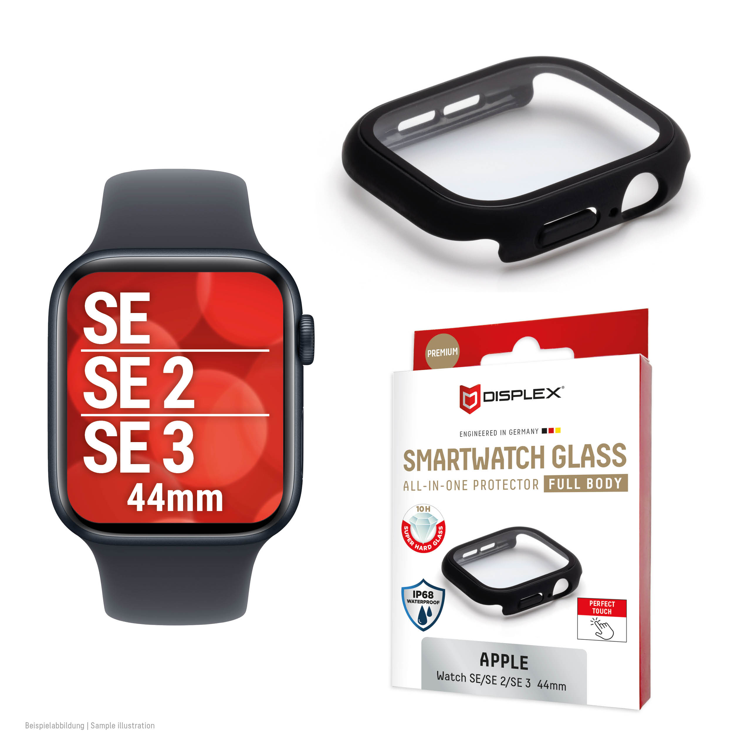Displex 10H Tempered Glass for Apple Watch SE3/SE2/SE (44mm), Full Body Case, IP68, Snap-On, black frosted