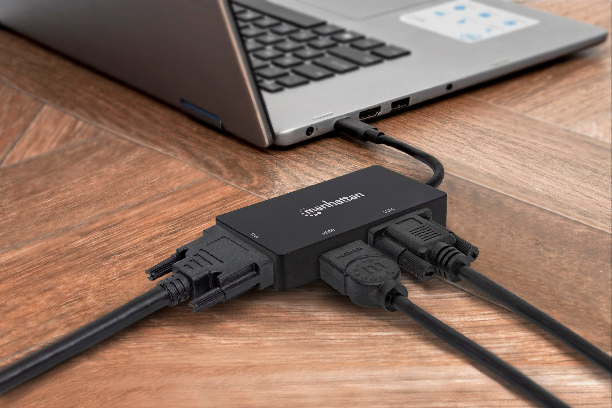 Manhattan USB-C Dock/Hub, Ports (x3): DVI-I, HDMI and VGA Ports, Note: Only One Port can be used at a time, External Power Supply Not Needed, Universal for all – image 2