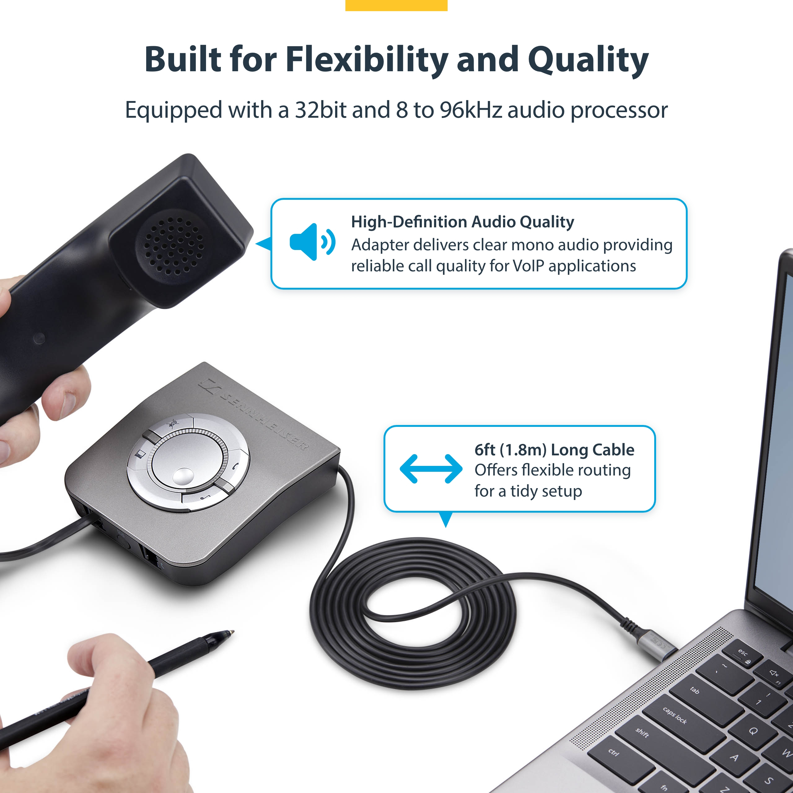 Resim StarTech.com UR9-HEADSET-ADAPTER USB-C - RJ-9 Kablo Çevirici Adaptör, 1.8 m, Siyah
