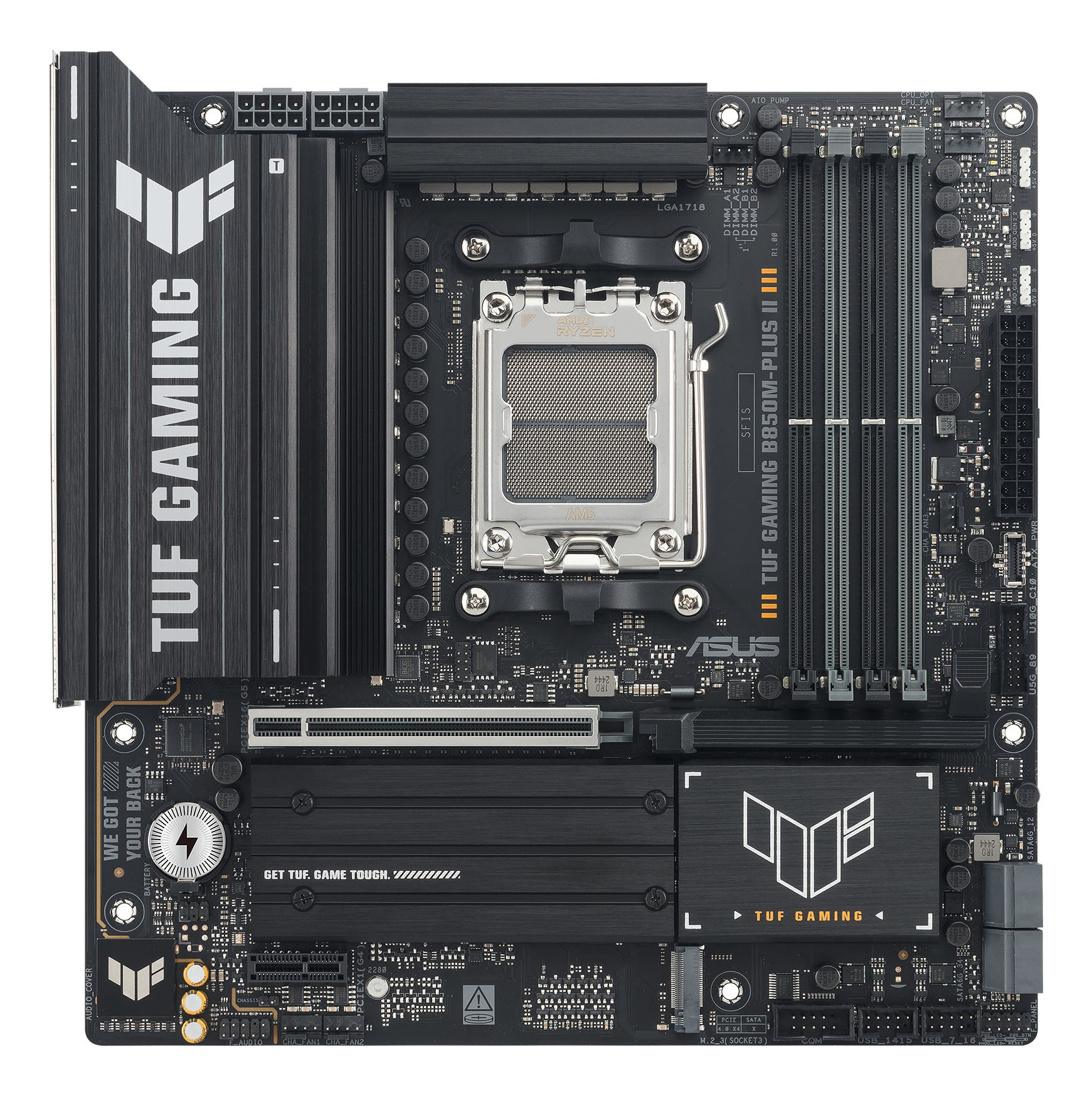 ASUS TUF GAMING B850M-PLUS II - Motherboard - micro ATX - Socket AM5 - AMD B850 Chipset - USB-C 3.2 Gen 2x2, USB-C 3.2 Gen2, USB 3.2 Gen 2, USB 3.2 Gen 1 - 2.5 Gigabit LAN - onboard graphics (CPU required) - HD Audio (8-channel)