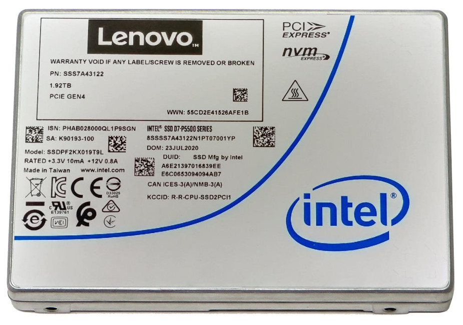 Intel P5500 Entry - SSD - 1.92 TB - hot-swap - 2.5" - U.2 PCIe 4.0 x4 (NVMe) - for ThinkAgile HX3331 Certified Node, MX3330-F Appliance, MX3331-F Certified Node