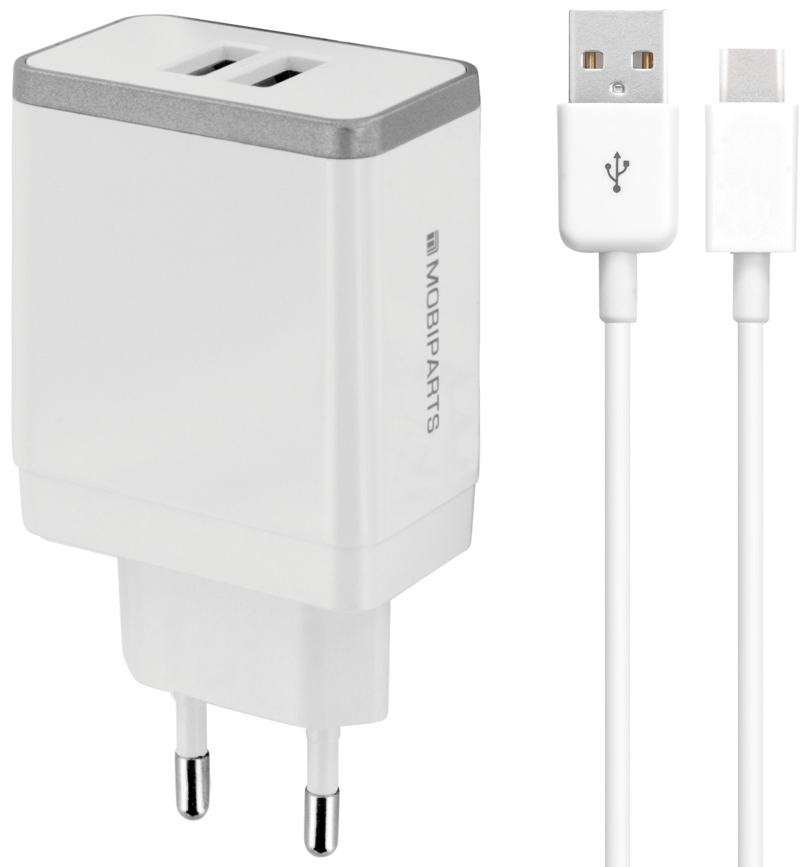 Mobiparts Wall Charger Dual USB 4.8A + USB-C Cable White