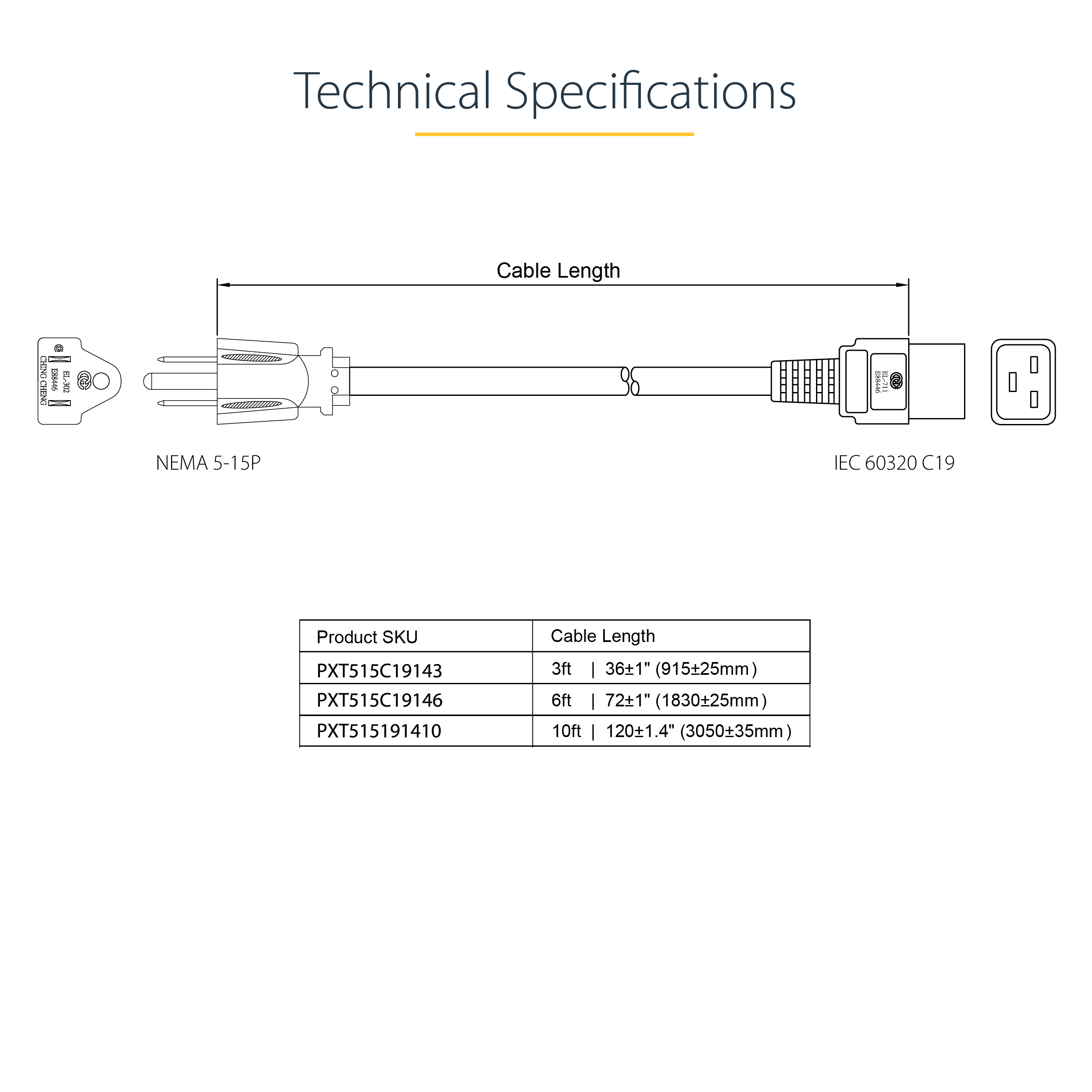صورة كيبل طاقة StarTech.com PXT515191410 بطول 3 أمتار، NEMA 5-15P إلى C19، 15A 125V، 14AWG، أسود