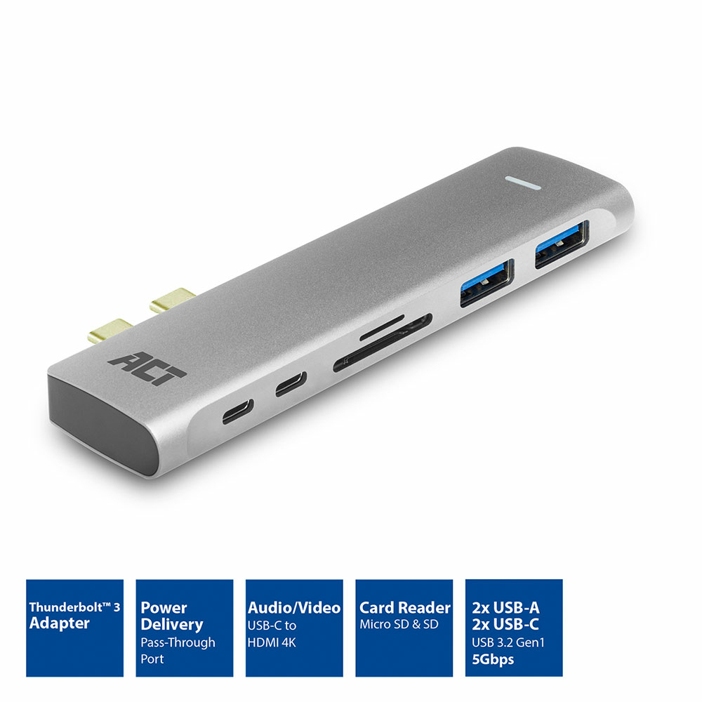 ACT USB-C Thunderbolt™ 3 multiport adapter for 1 HDMI monitor, 2x USB-A, 1x USB-C, card reader, PD pass-through – image 3