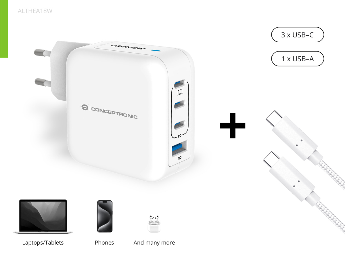 Conceptronic 4-Port 100W GaN USB PD Charger with USB-C Charging Cable, USB-C x 3, USB-A x 1, QC 3.0, PPS – image 4