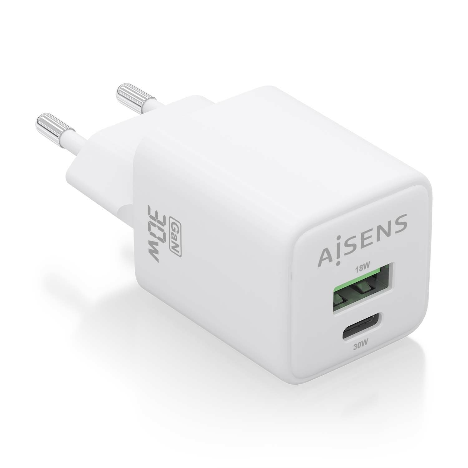 AISENS Gan 30W Charger, 1xUSB-C PD3.0 QC4.0, 1xUSB-A QC3.0, White