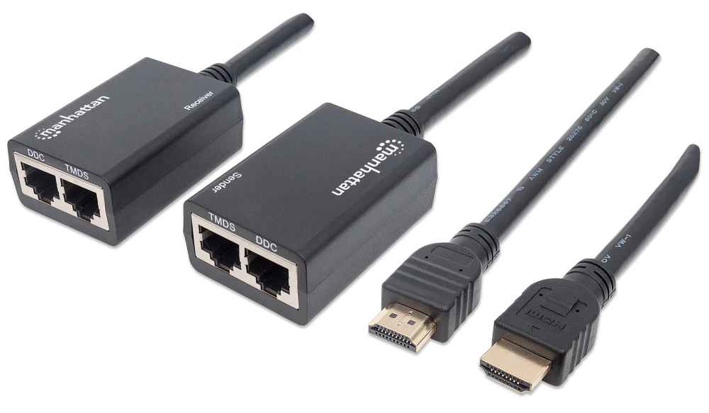 Manhattan 1080p HDMI over Ethernet Extender with Integrated Cables, Distances up to 30m with 2x Cat5e or Cat6 Ethernet Cables (not included), Black, Three Year – image 1