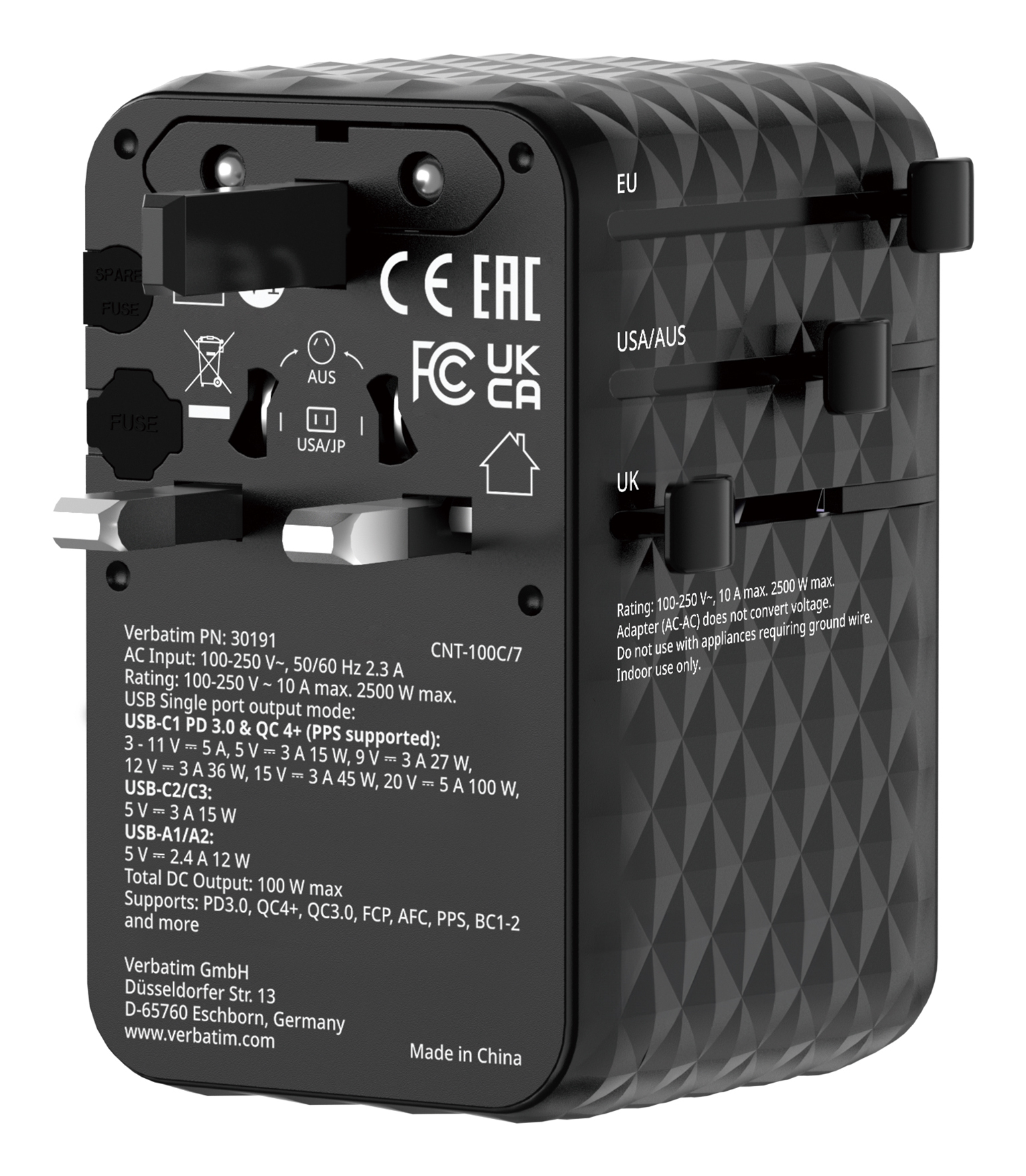 Verbatim Charge'n'Travel Adapter 100W 1C retractable black
