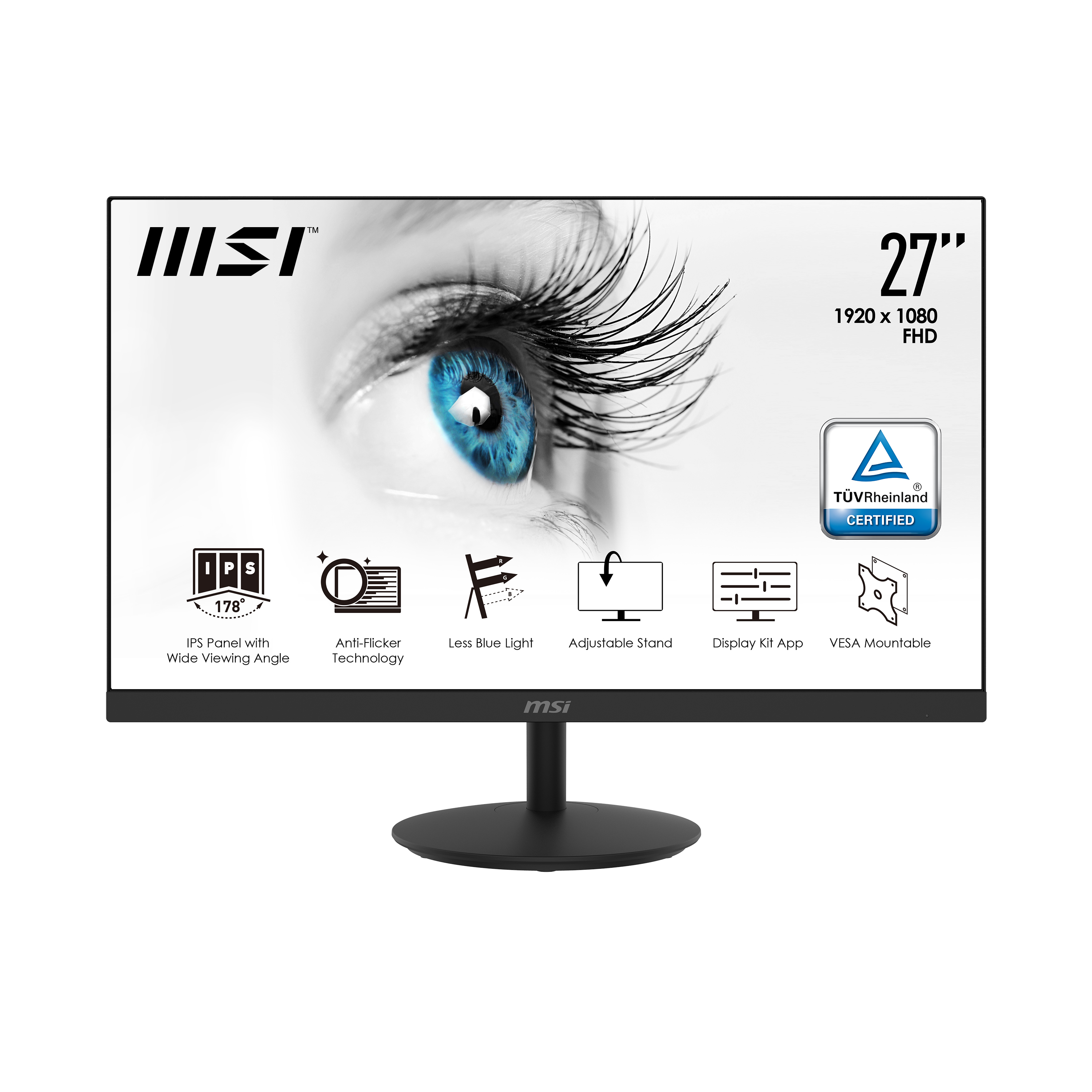 MSI Pro MP271 27 Inch Monitor, Full HD (1920 x 1080), 75Hz, IPS, 5ms, HDMI, VGA, Built-in Speakers, Anti-Glare, Anti-Flicker, Less Blue light, TÜV Certified, VESA, Kensington, Black image 2
