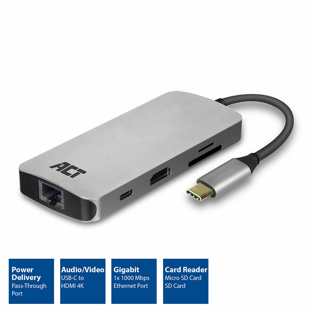 ACT AC7041 USB-C to HDMI multiport adapter with ethernet, USB hub, cardreader and PD pass through – image 3