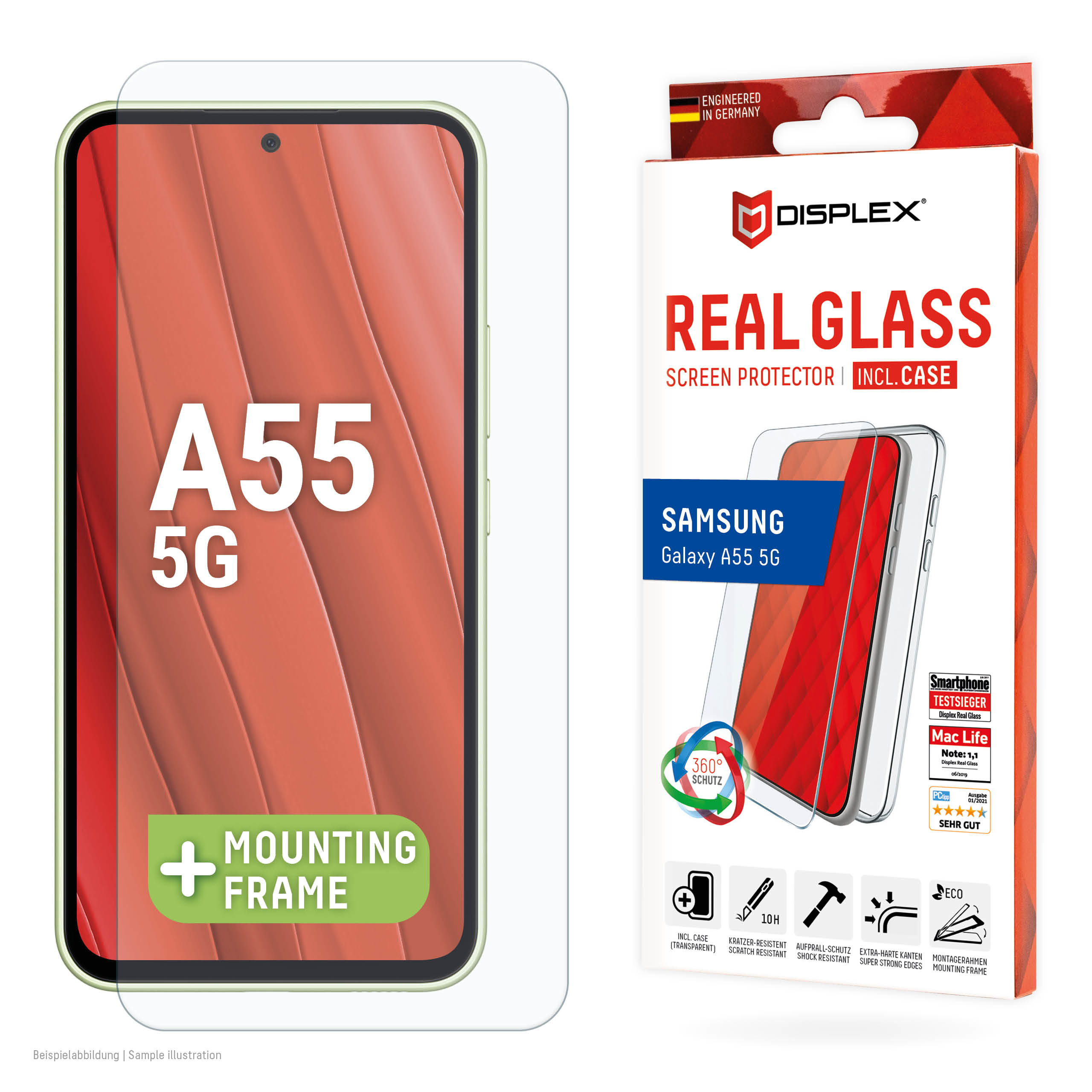 Displex Screen Protector + Case for Samsung Galaxy A55 5G, Eco Mounting Frame, scratch resistant
