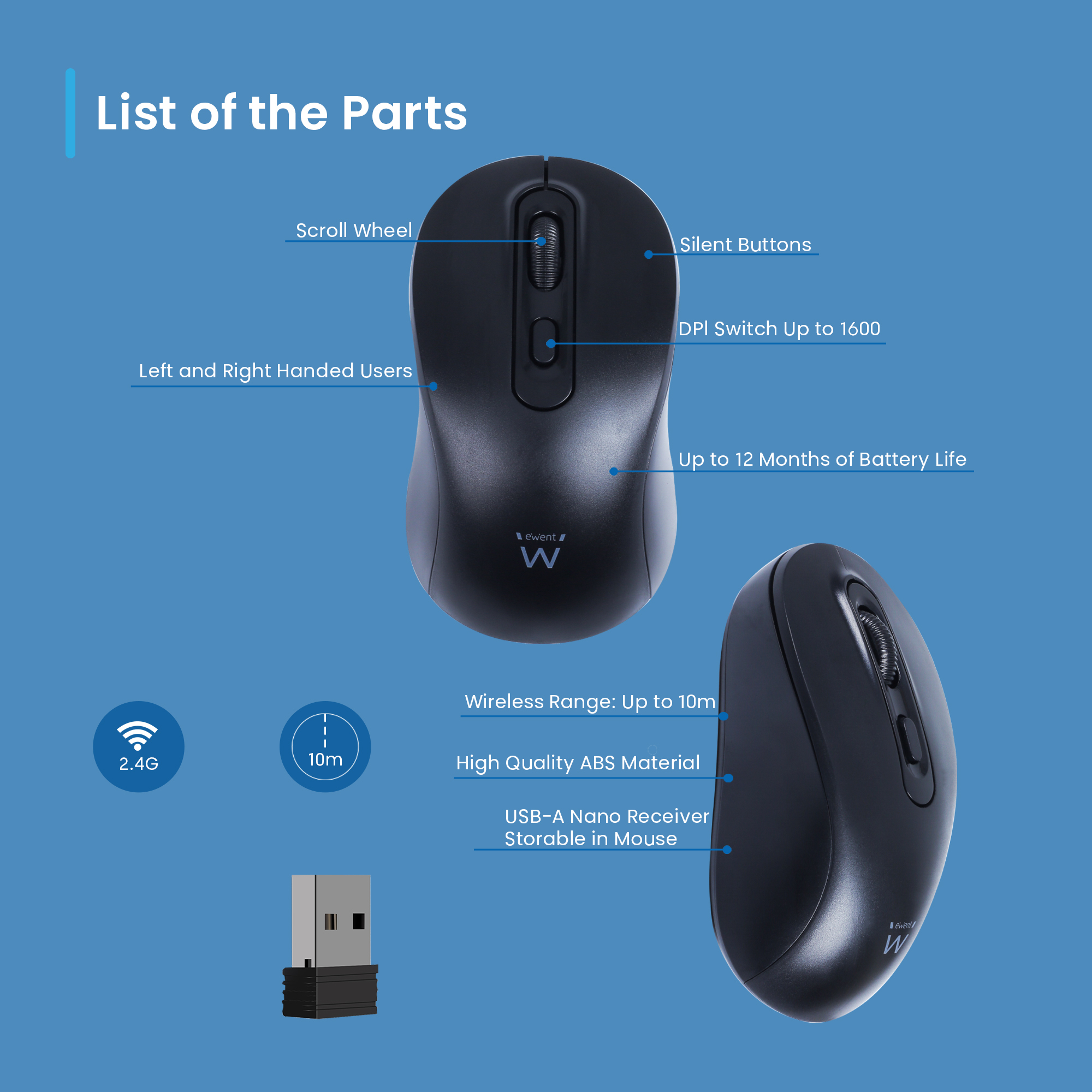 Ewent Wireless optical mouse 800-1200-1600dpi and Silent clicks – image 4