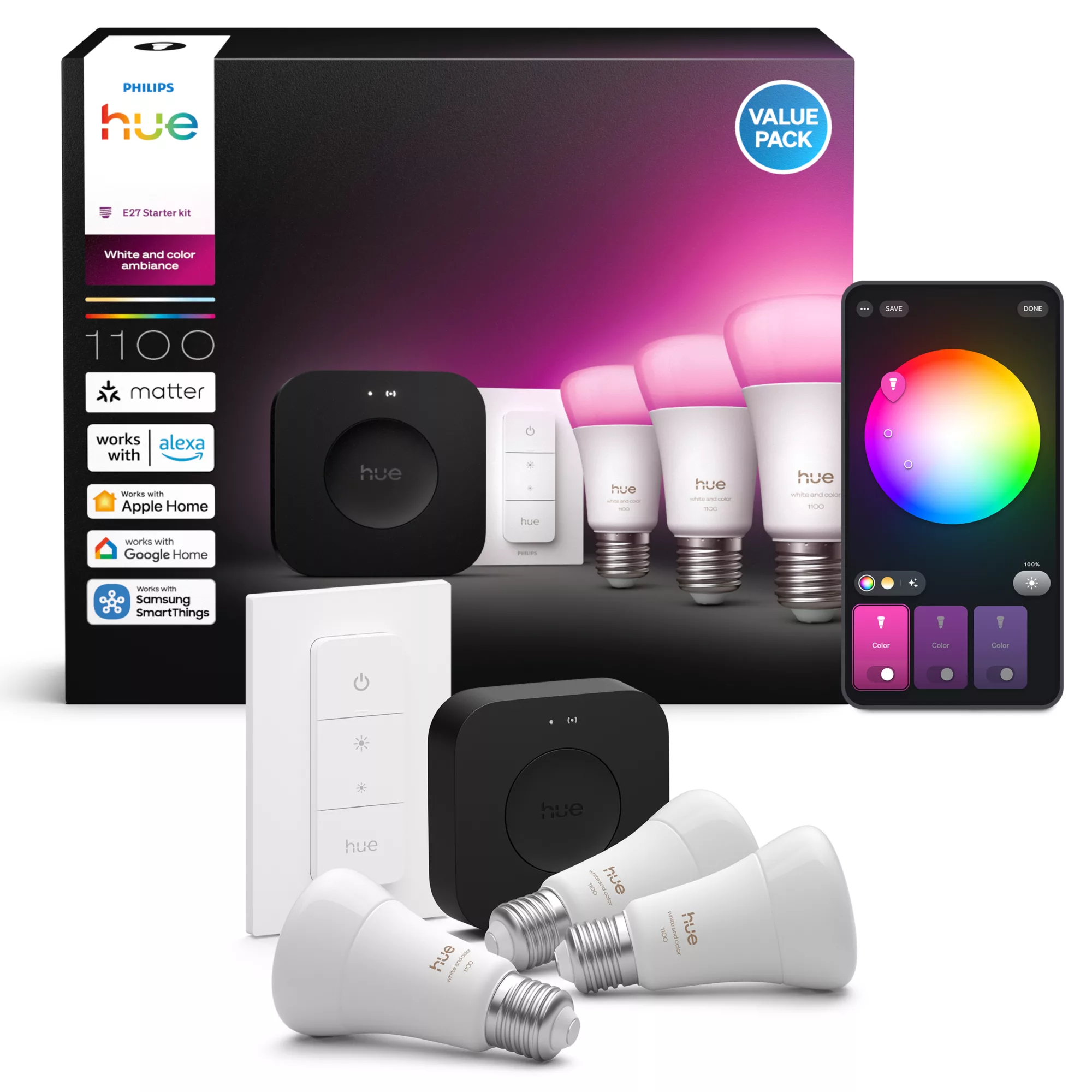 Philips by Signify Philips Hue White and colour ambience Starter kit: 3 E27 smart bulbs + Dimmer switch + Bridge Pro – image 3