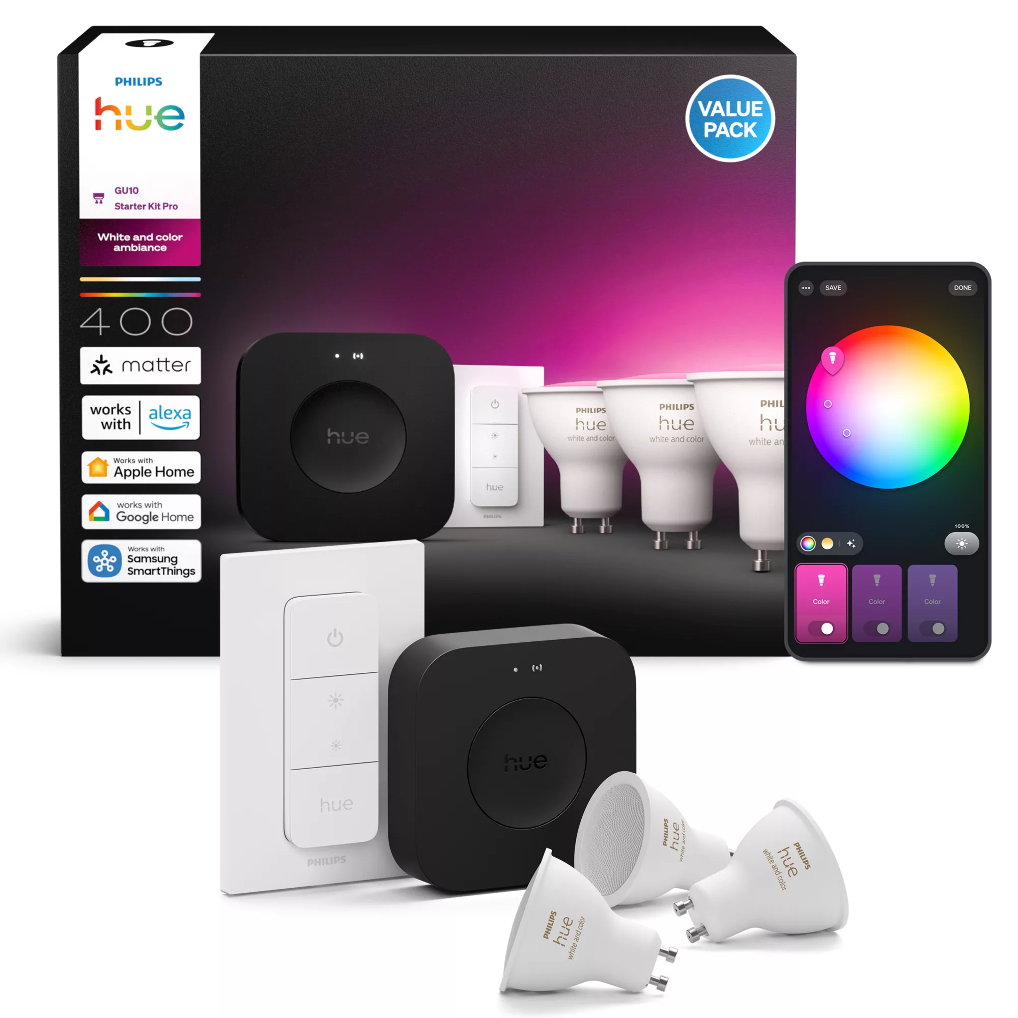Philips by Signify Philips Hue White and colour ambience Starter kit: 3 GU10 bulbs + Dimmer switch + Bridge Pro – image 3