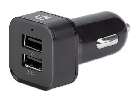 Manhattan Car/Auto Mobile Device Charger, 2x USB-A Outputs, Includes 2-in-1 Charging Cable (for Micro-USB & USB-C outputs), Charging 2.1A (fast charging), Surge