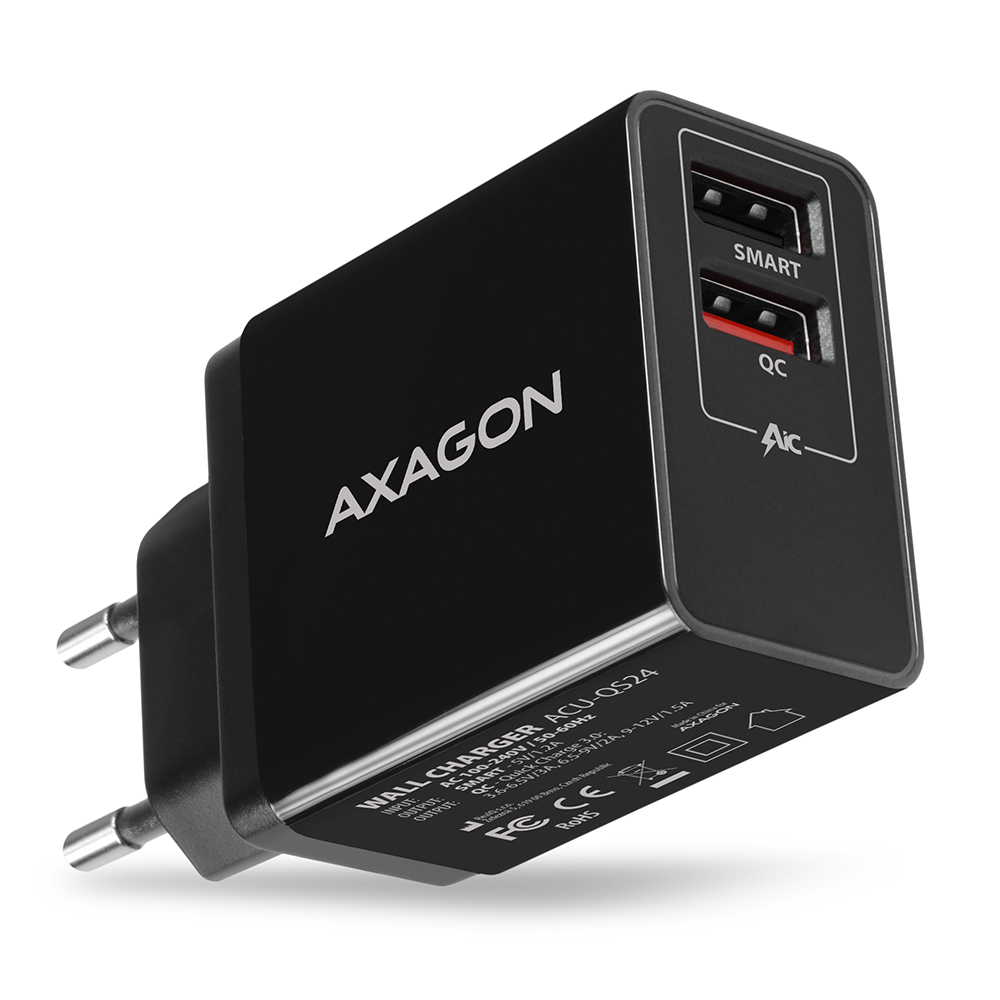 Axagon ACU-QS24 QUICK and SMART Wall charger, 2x USB port QC3.0/AFC/FCP +