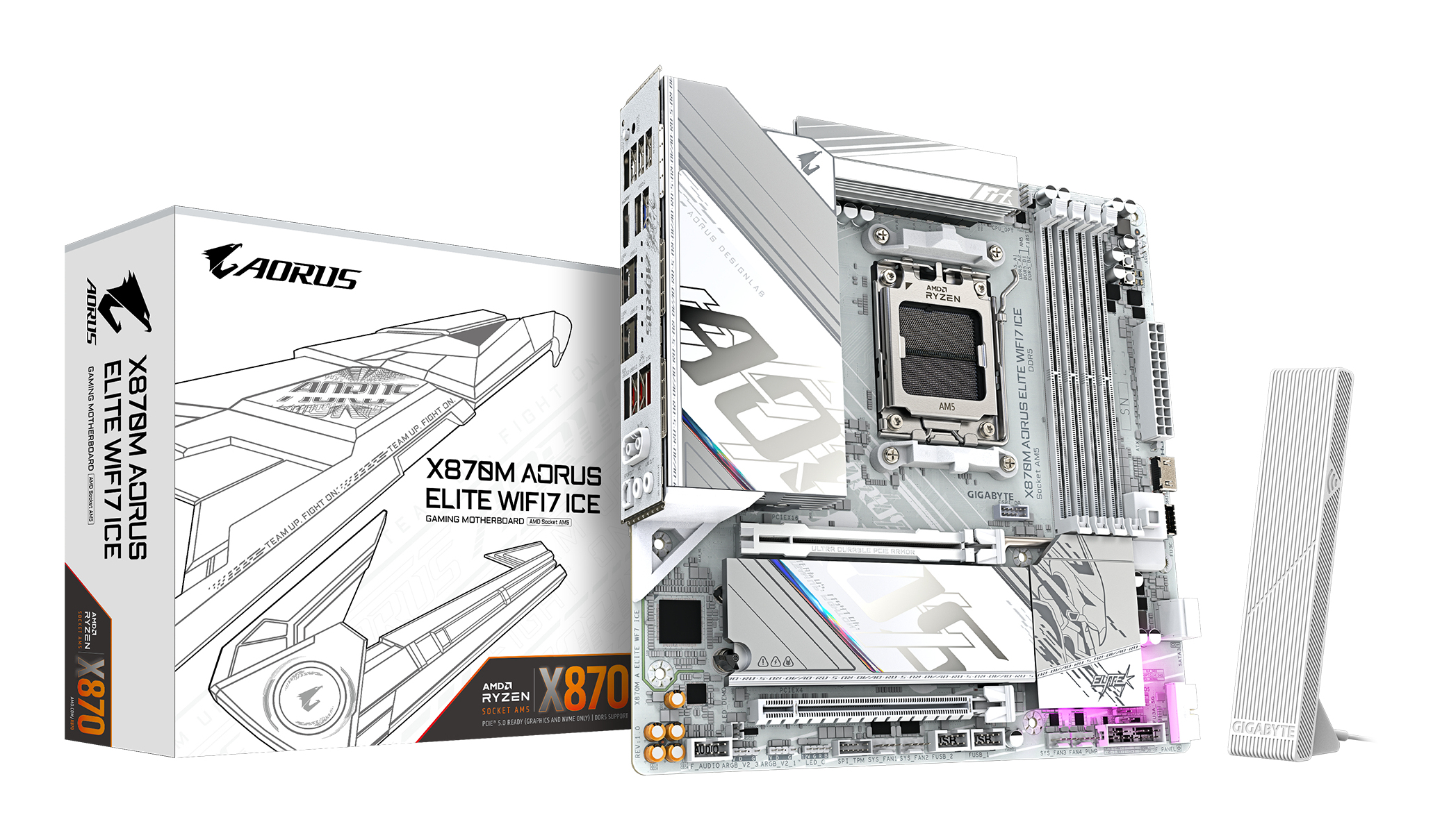 GIGABYTE X870M AORUS ELITE WIFI7 ICE Motherboard - Supports AMD Ryzen 9000 CPUs, 14+2+2 Phases Digital VRM, up to 8200Hz DDR5 (O.C), 1xPCIe 5.0 + 1xPCIe 4.0, Wi-Fi 7, 2.5 GbE LAN, USB 4