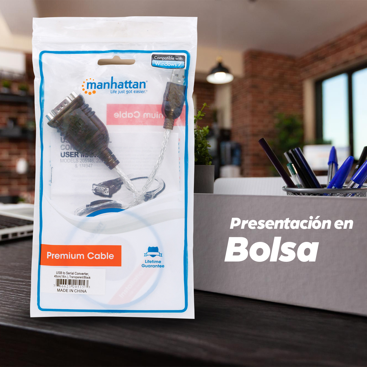 Convertidor 45cm USB-A 2.0 a Serial DB9, Manhatan 205153, Color Plateado