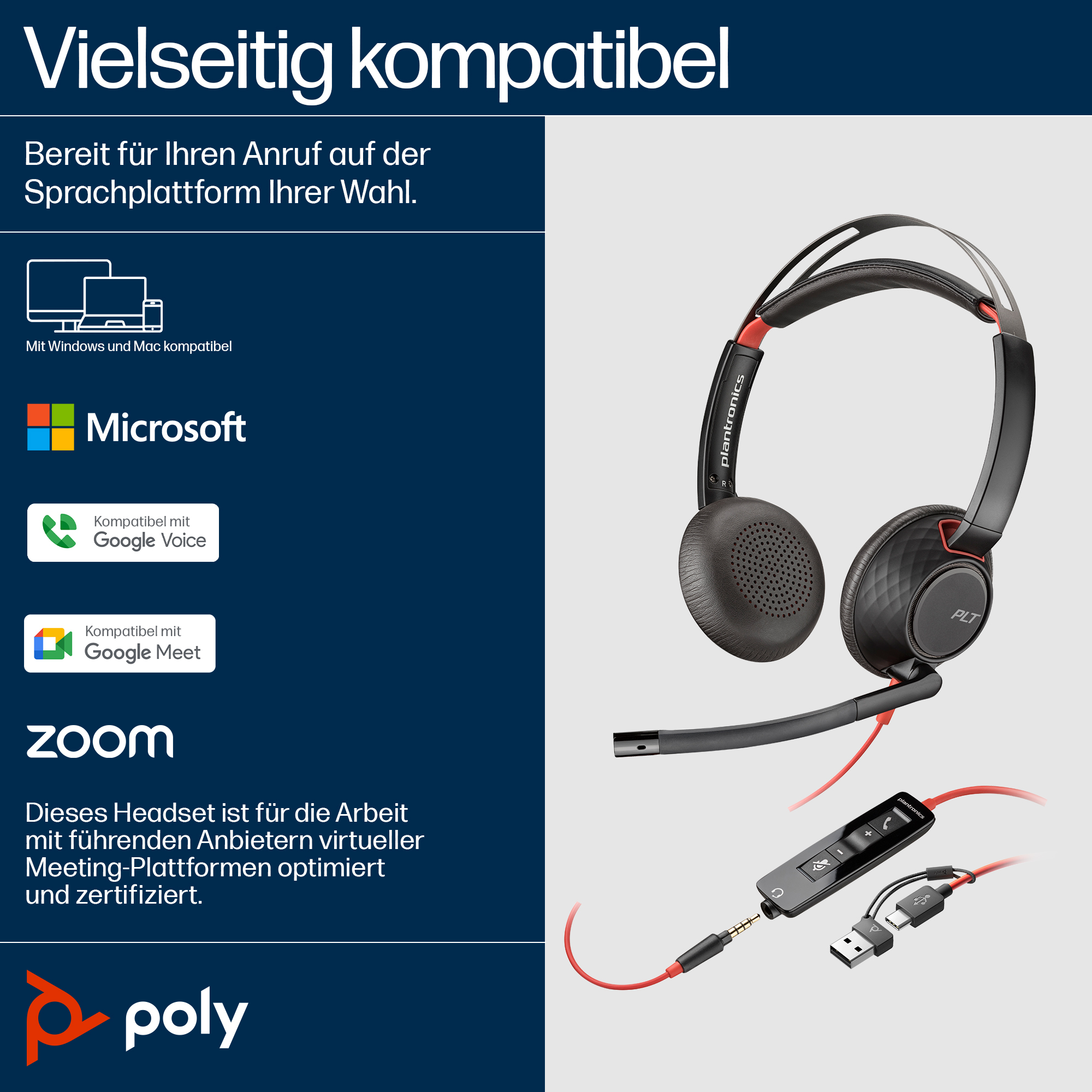 HP Poly Blackwire 5220 Stereo USB-C Headset +3.5mm Plug +USB-C/A Adapter. Product type: Headset. Connectivity technology: 